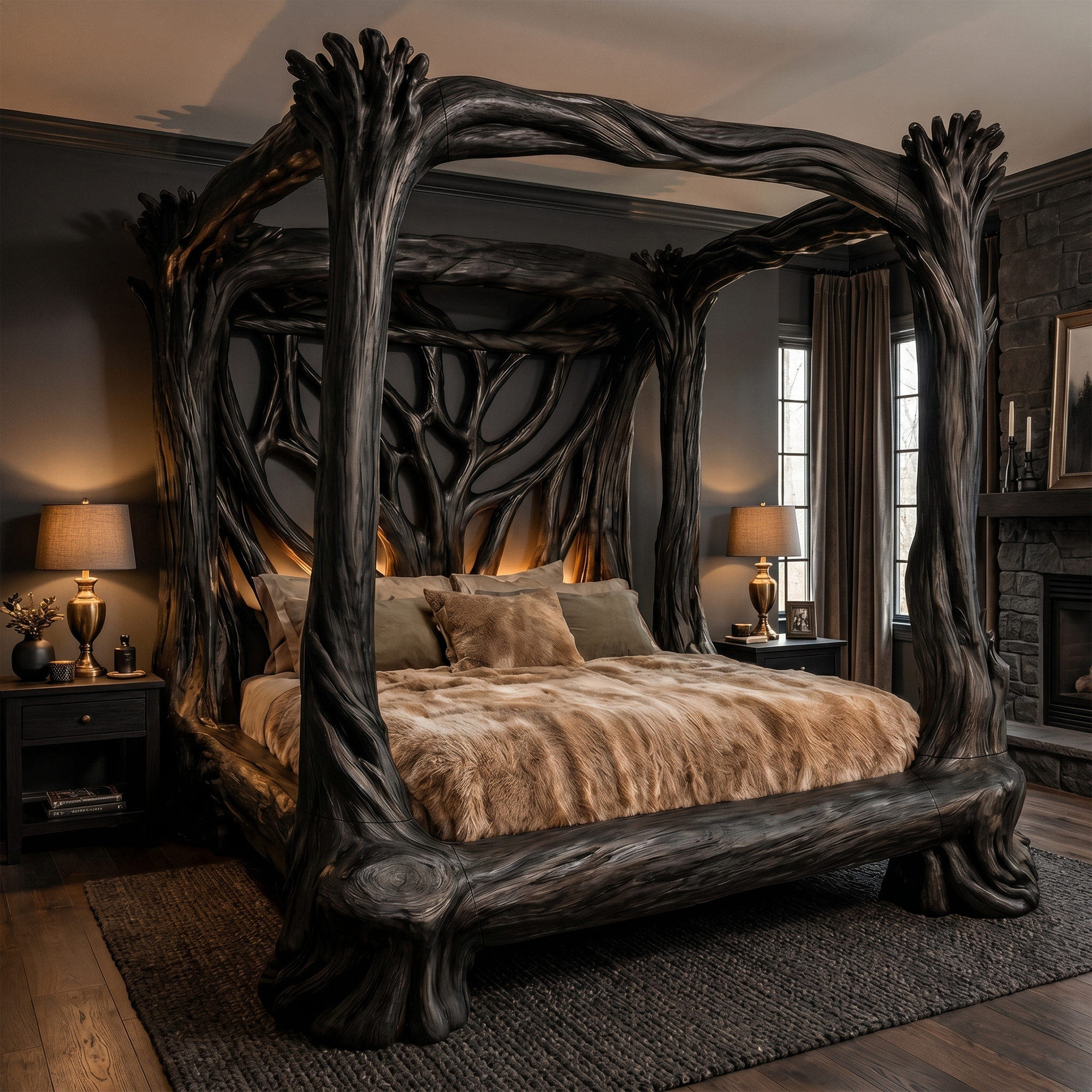 Organic Sculptural Canopy Bed With Handcrafted Tree Branch Wood Frame For Bedroom Decor SINLKIWB120