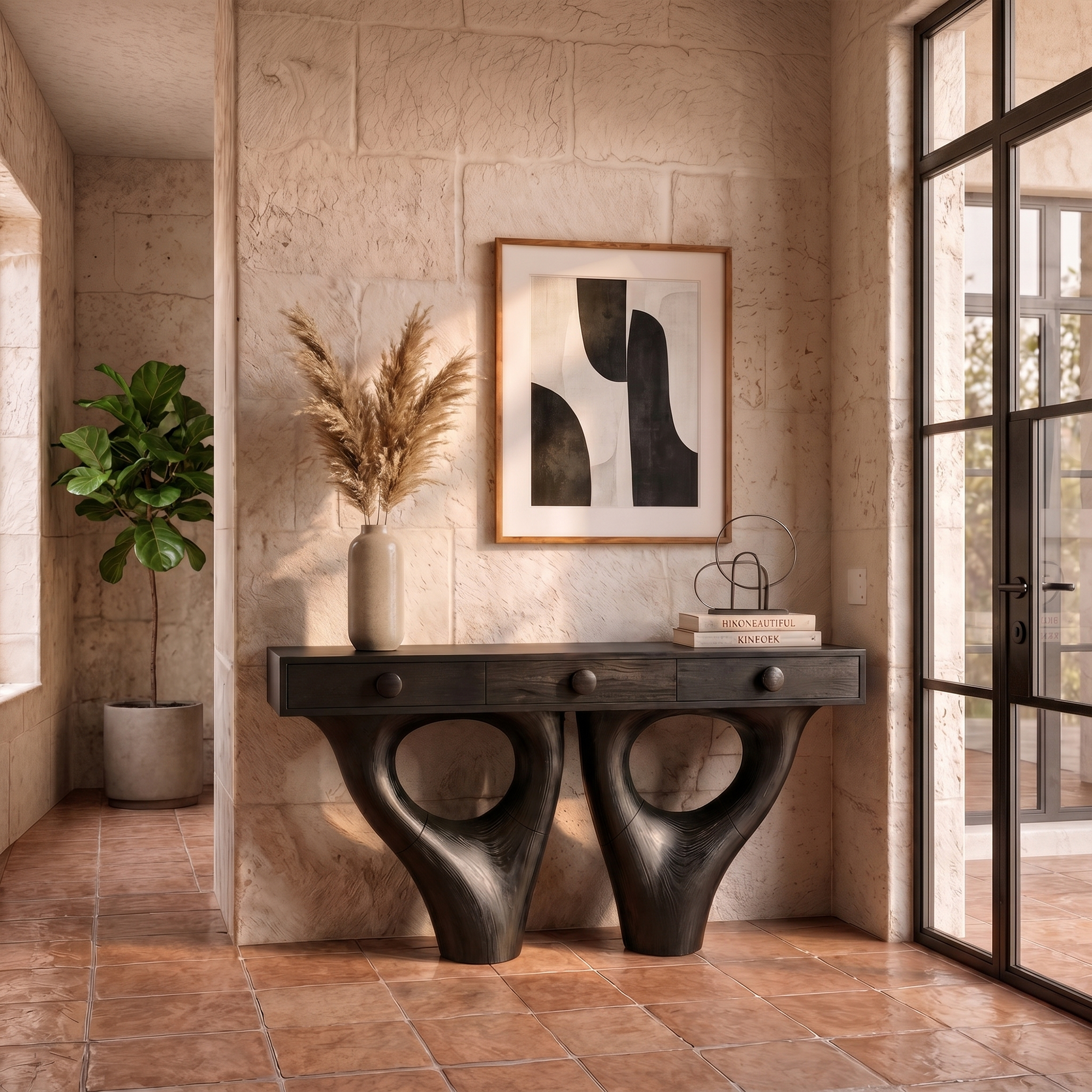 Rustic Console Table With Sculptural Double Pedestal Wood Base And Solid Wood Top For Entryway And Living Room SINLKICS594
