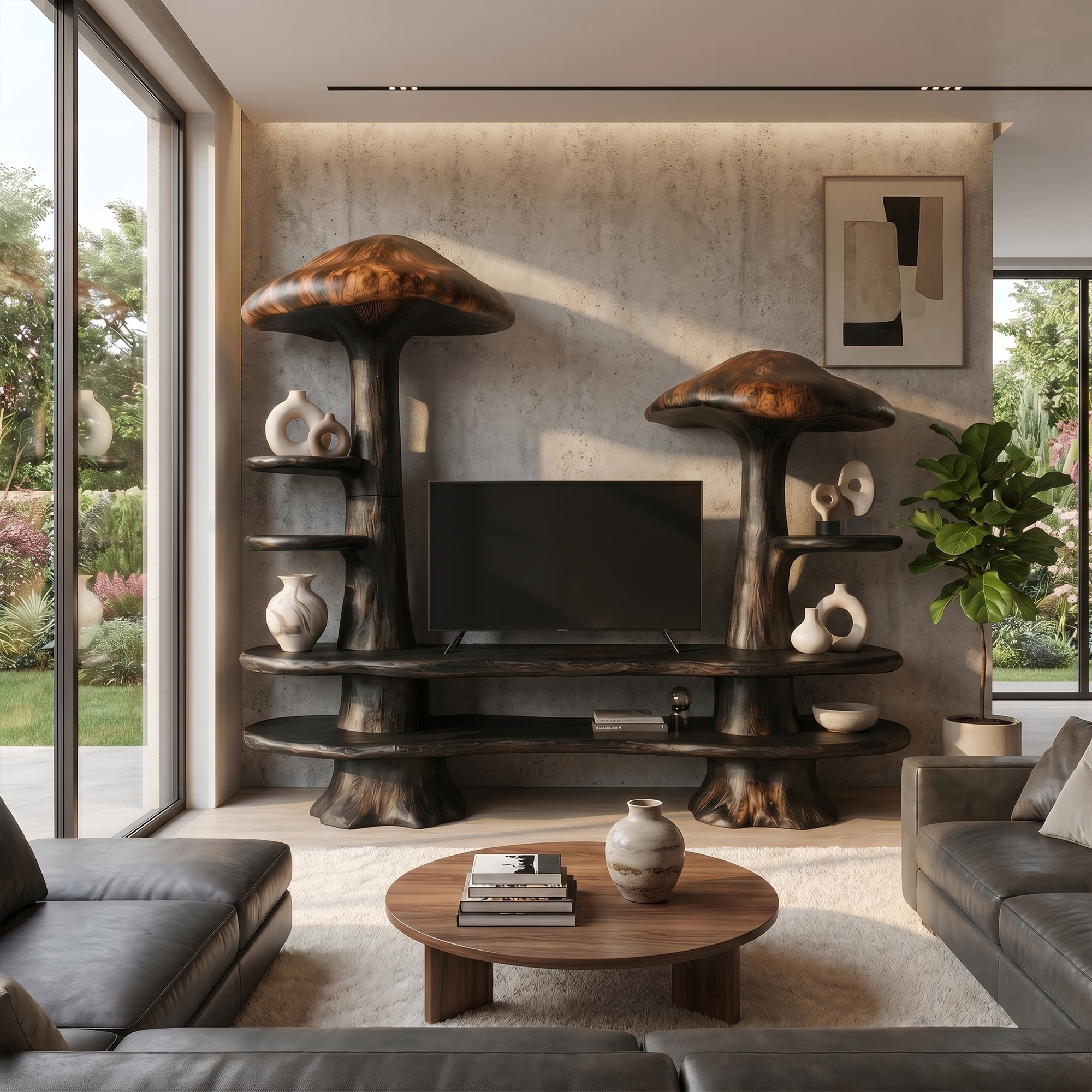 Rustic Mushroom TV Cabinet With Open Display Storage And Media Console For Living Room SINLKITC054