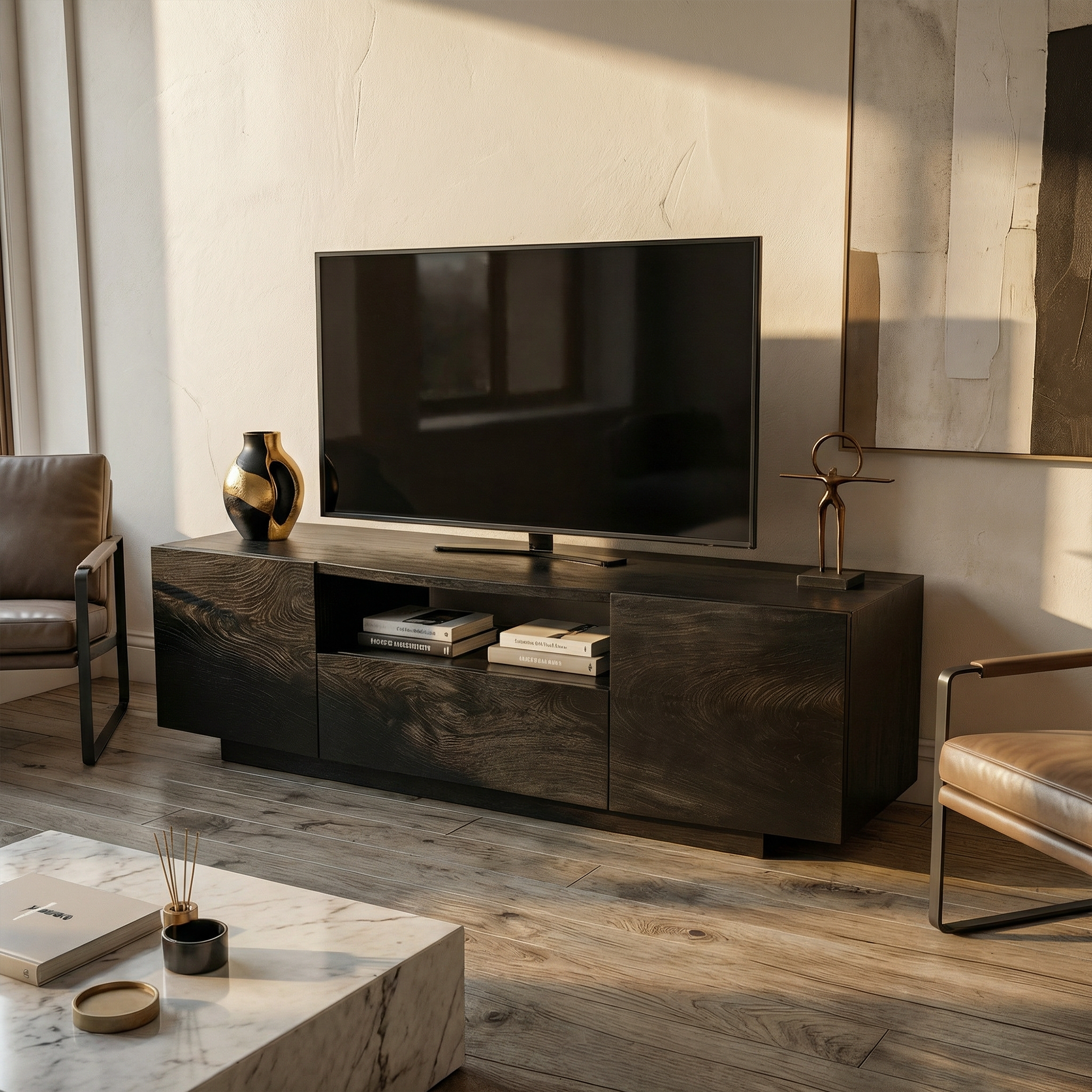 Modern Rustic TV Cabinet Solid Wood Low Profile Block Design Living Room SINLKITC030