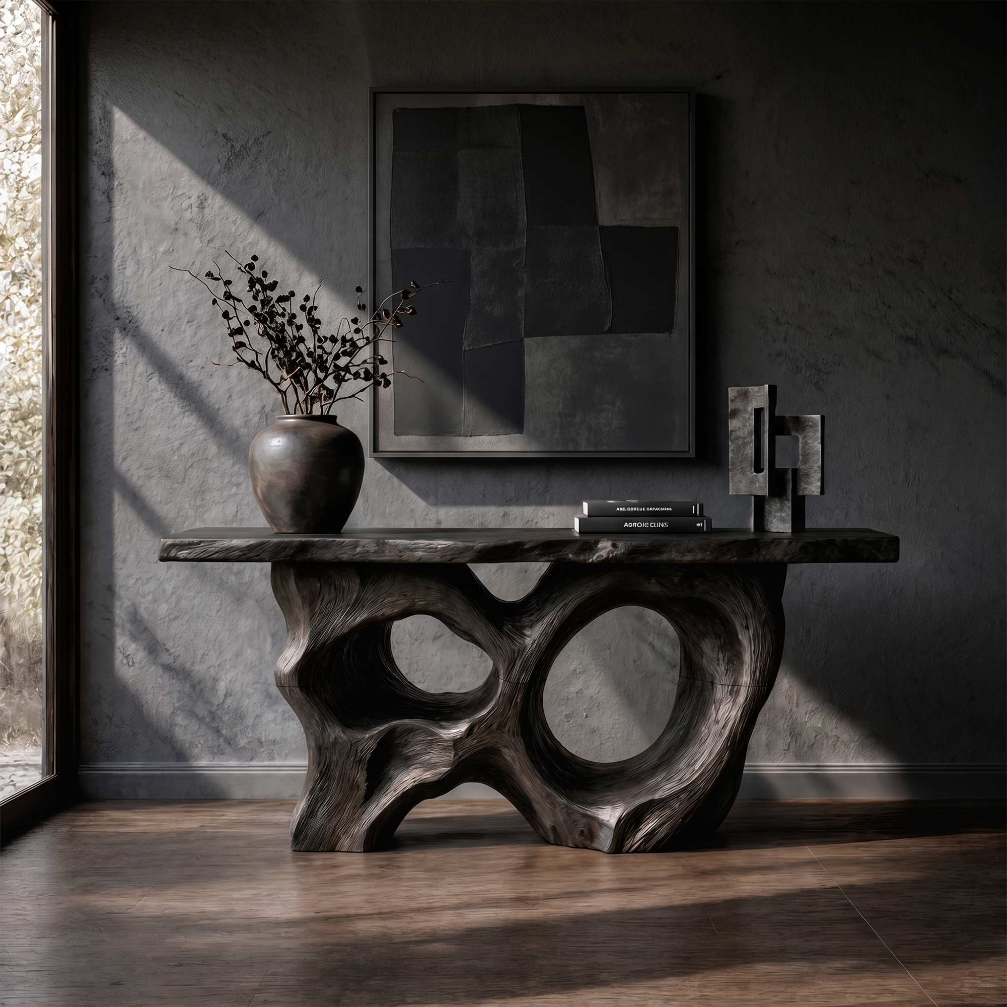 Modern Console Table With Sculptural Asymmetrical Wood Base For Living Room SINLKICS598