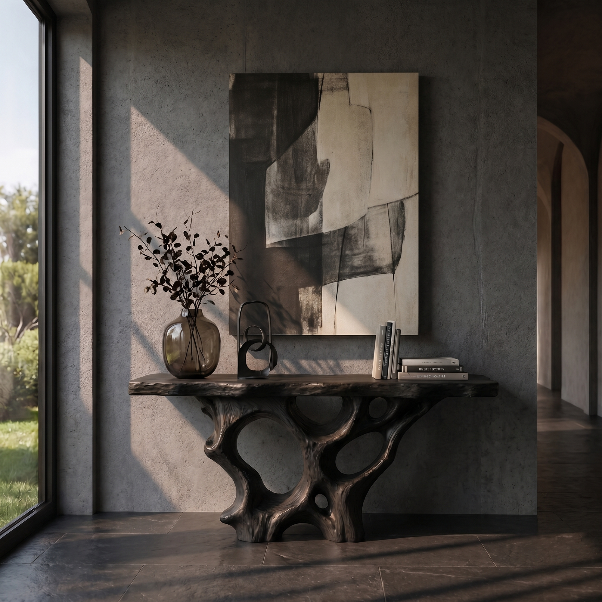 Organic Unique Console Table With Sculptural Natural Wood Base For Living Room SINLKICS599
