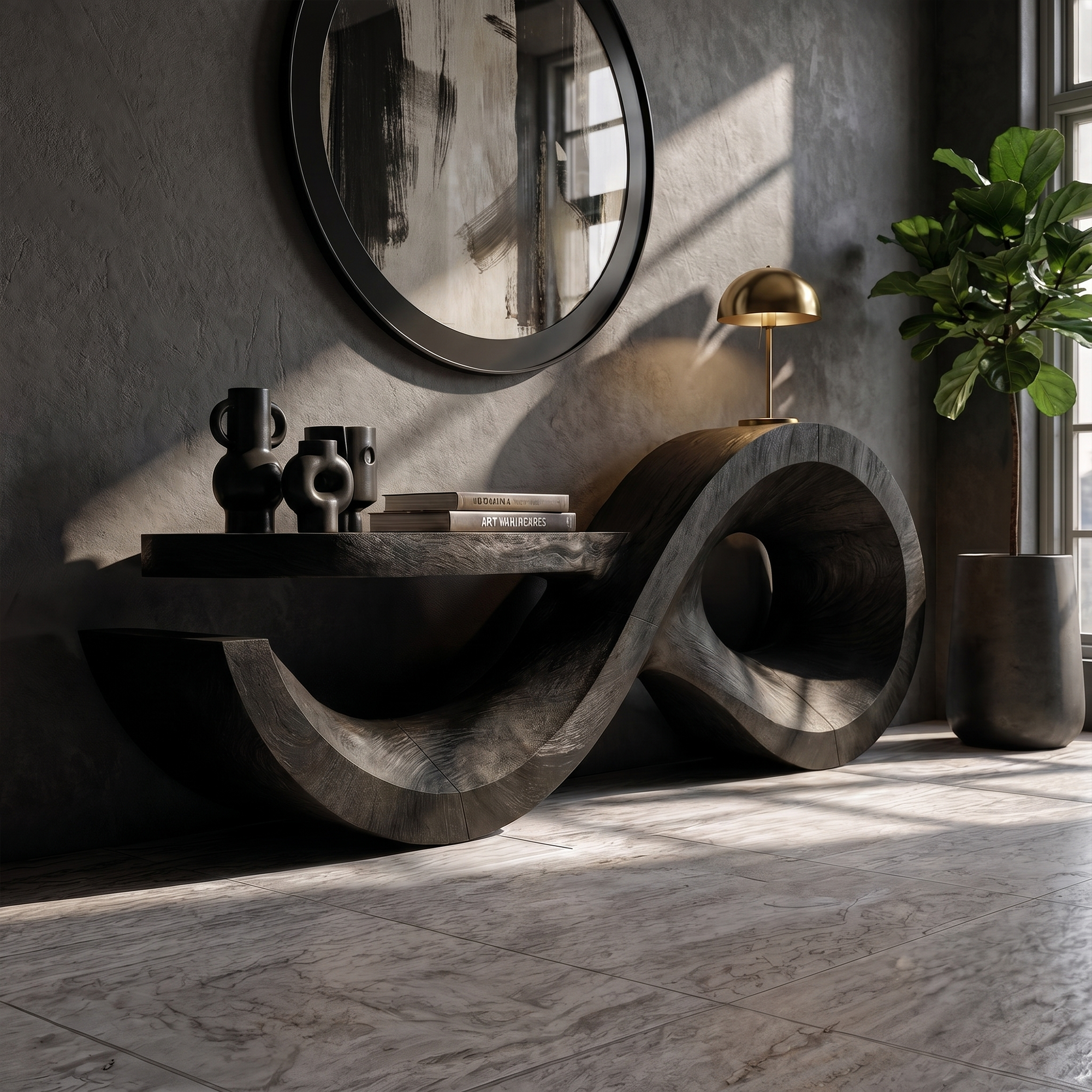 Contemporary Console Table With Sculptural Wave Wood Base And Solid Wood Top For Living Room SINLKICS601