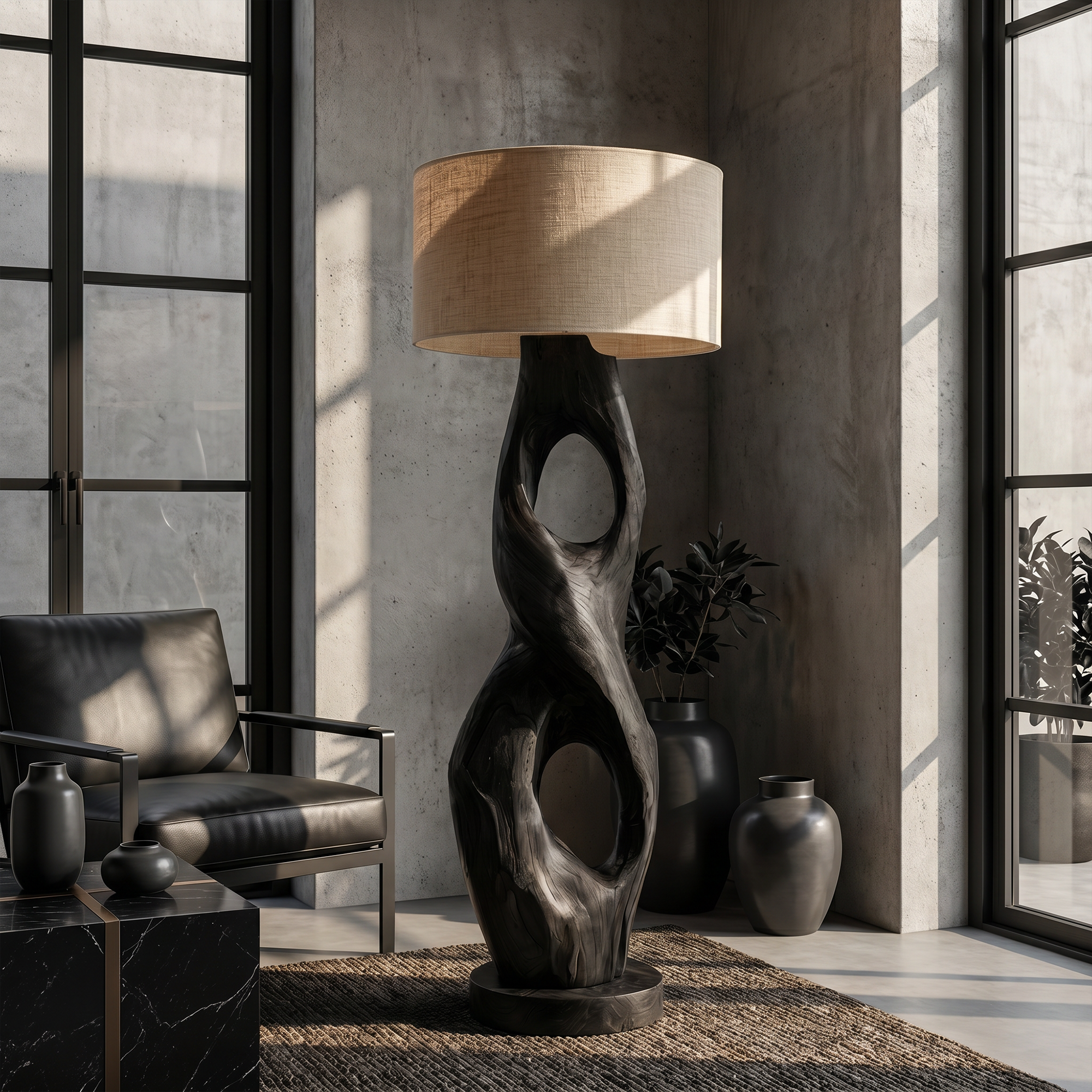 Rustic Floor Lamp With Handcrafted Hollow Wood Sculpture Base For Living Room SINLKIFLP088