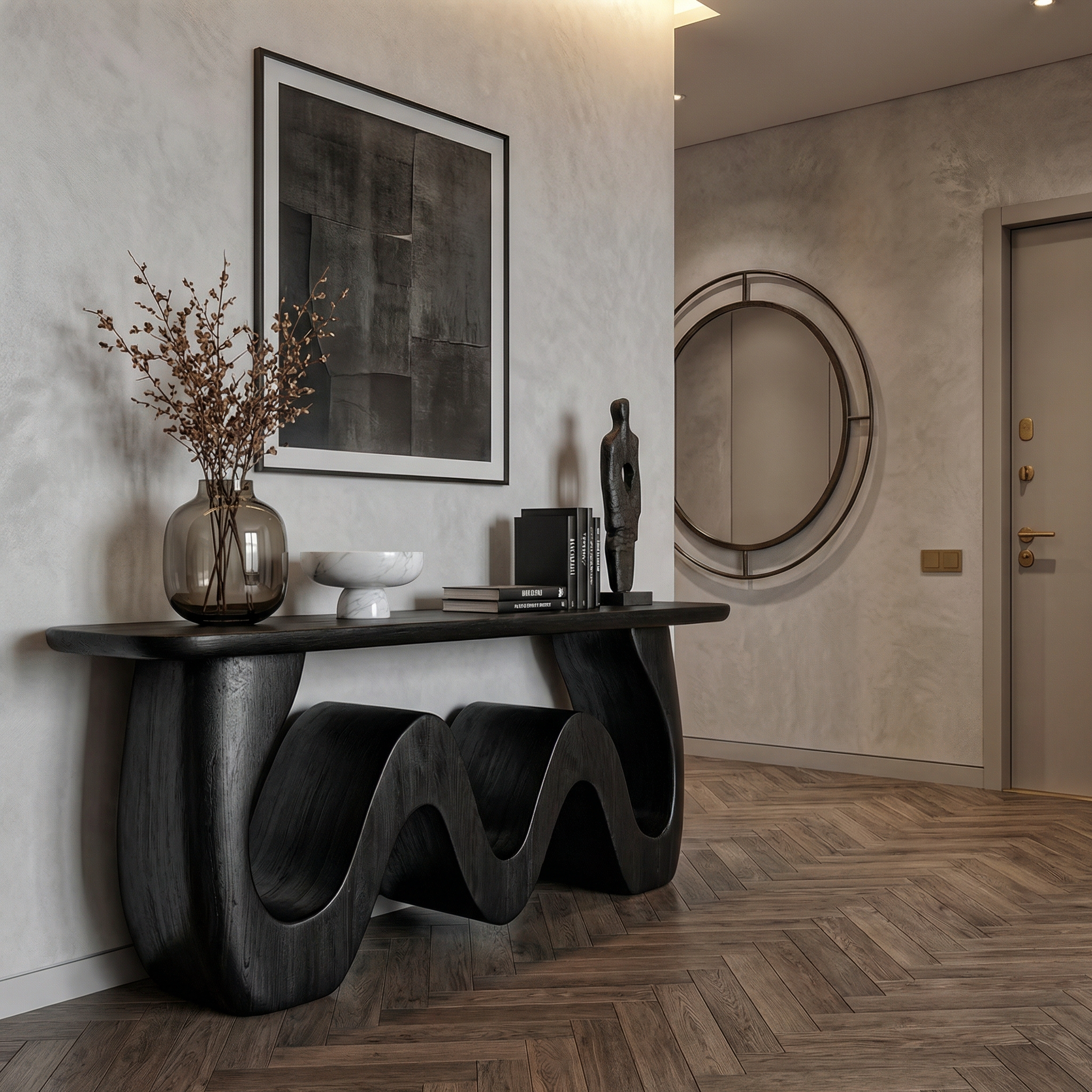 Organic Wave Console Table Solid Wood Bold Sculptural Curve Design Entryway And Living Room SINLKICS559