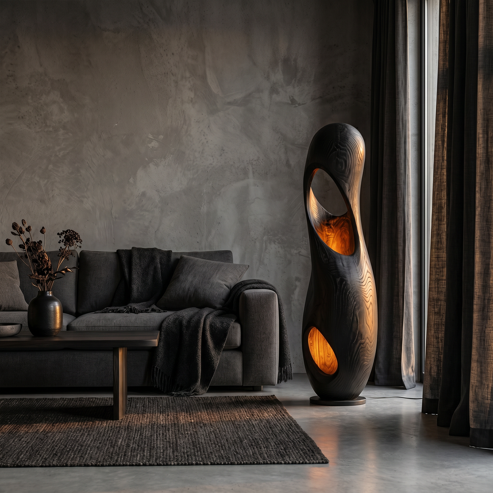 Organic Floor Lamp With Sculptural Hollow Wood Tower Design For Living Room SINLKIFLP093