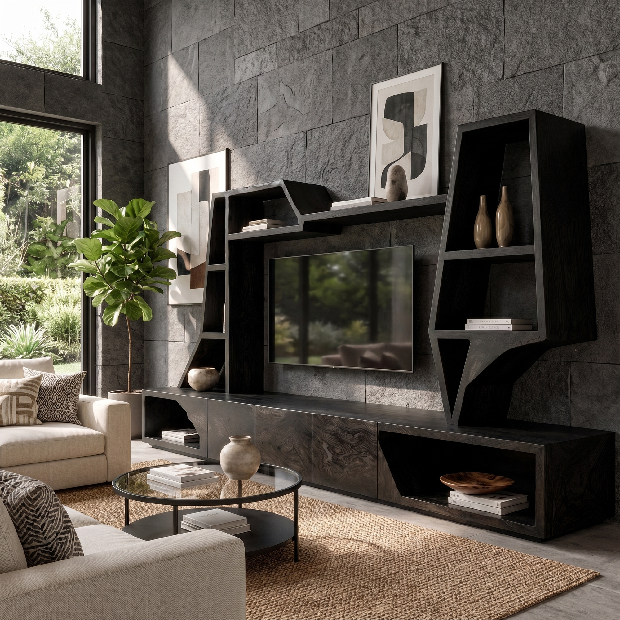 Organic TV Cabinet With Sculptural Branch Shelving And Wall Mounted Storage For Living Room SINLKITC056