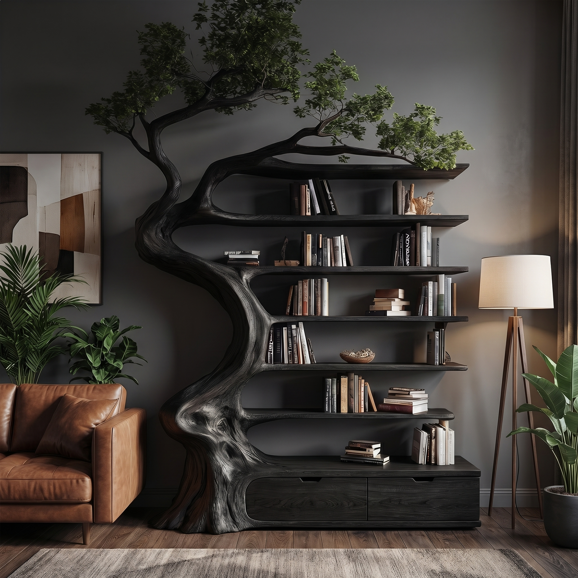 Rustic Tree Bookshelf With Storage Cabinet For Living Room SINLKITB724