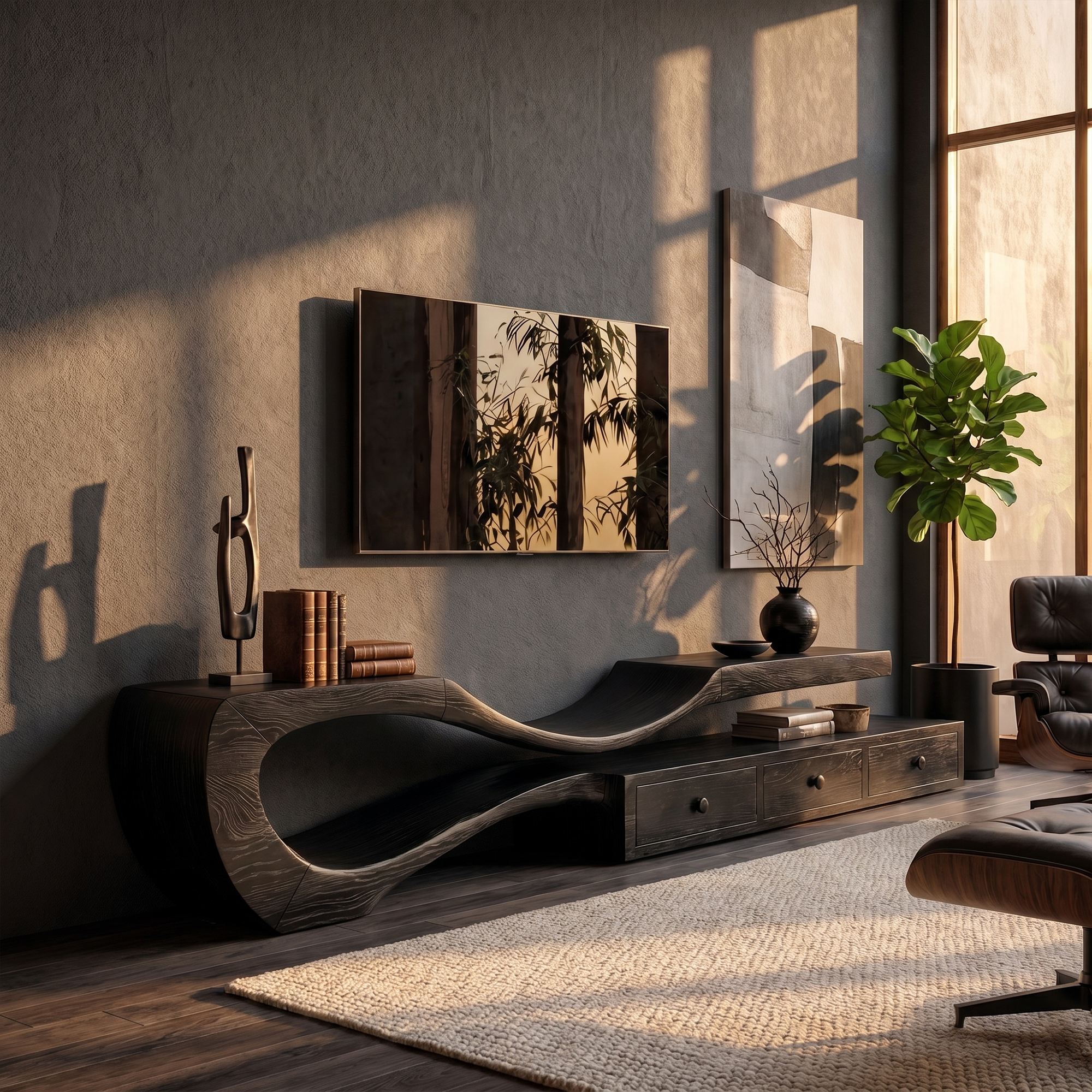 Modern TV Cabinet With Sculptural Curved Wood Base And Built In Storage Drawers For Living Room SINLKITC031