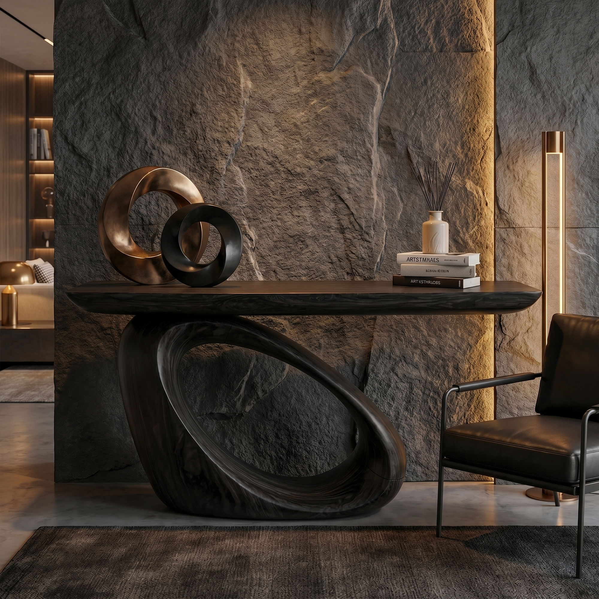 Modern Organic Console Table With Sculptural Loop Pedestal Wood Base For Entryway And Living Room SINLKICS595