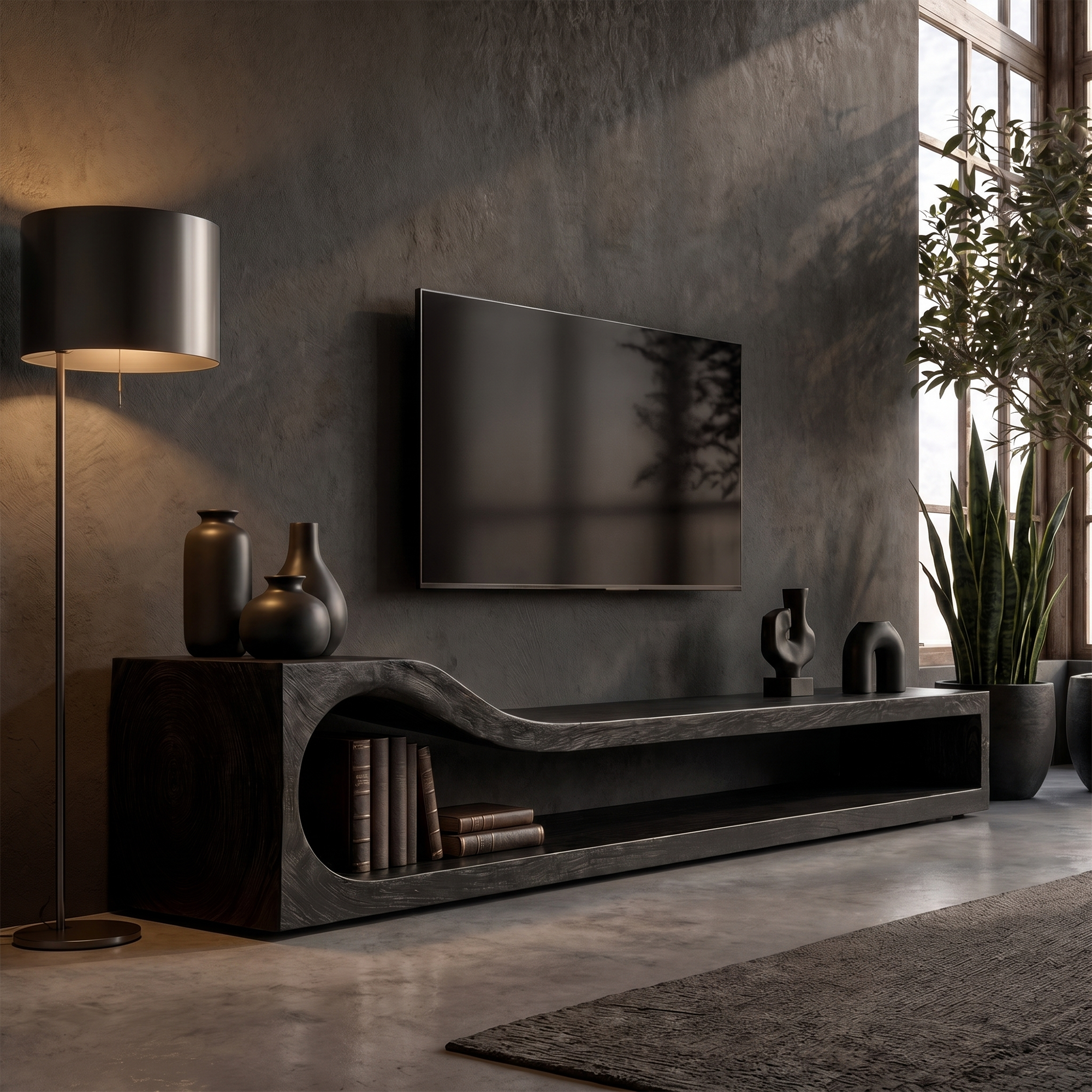 Organic TV Cabinet With Sculptural Wave Wood Base And Solid Wood Media Console For Living Room SINLKITC033