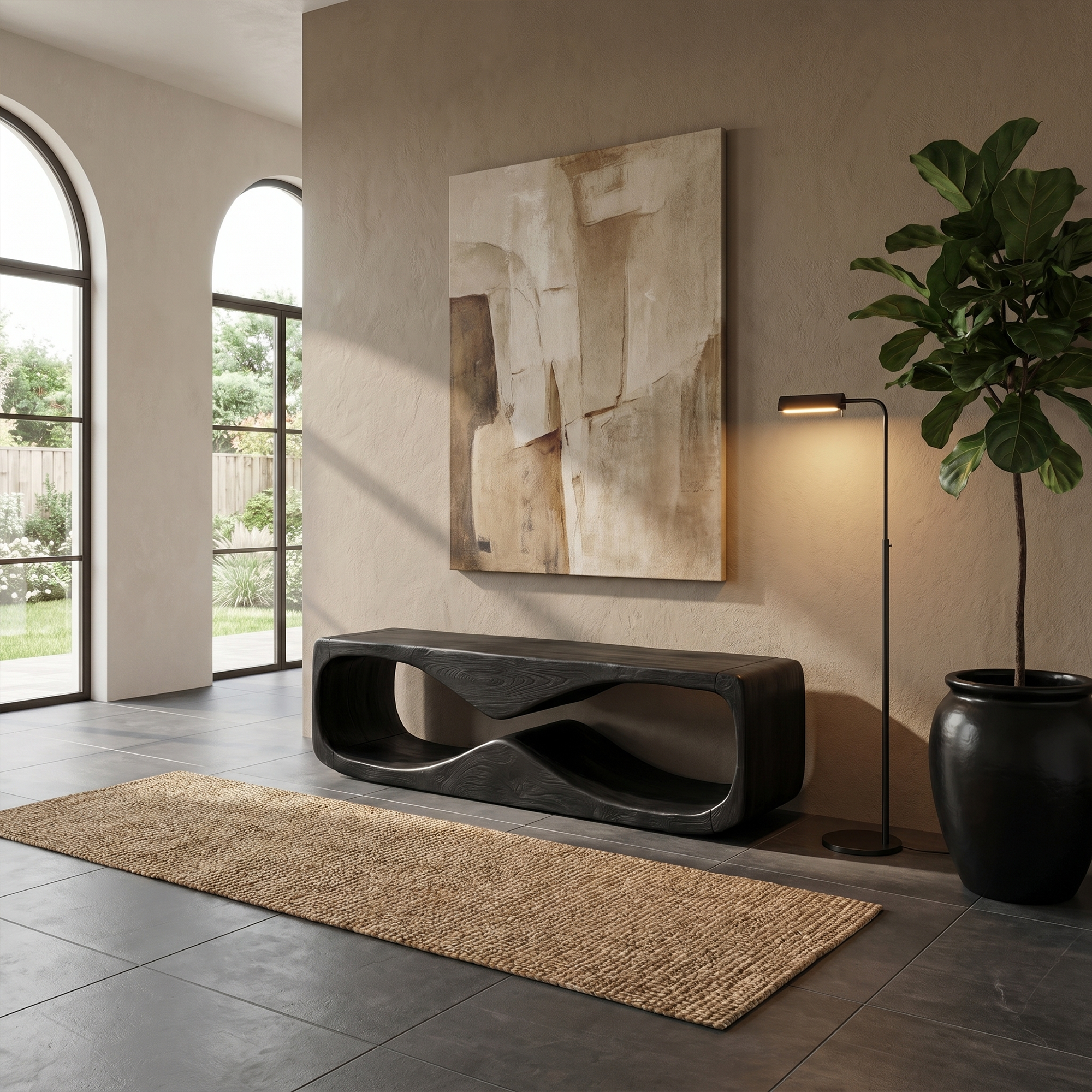 Modern Bench With Open Storage Shelf And Curved Wood Design For Entryway SINLKIRS120