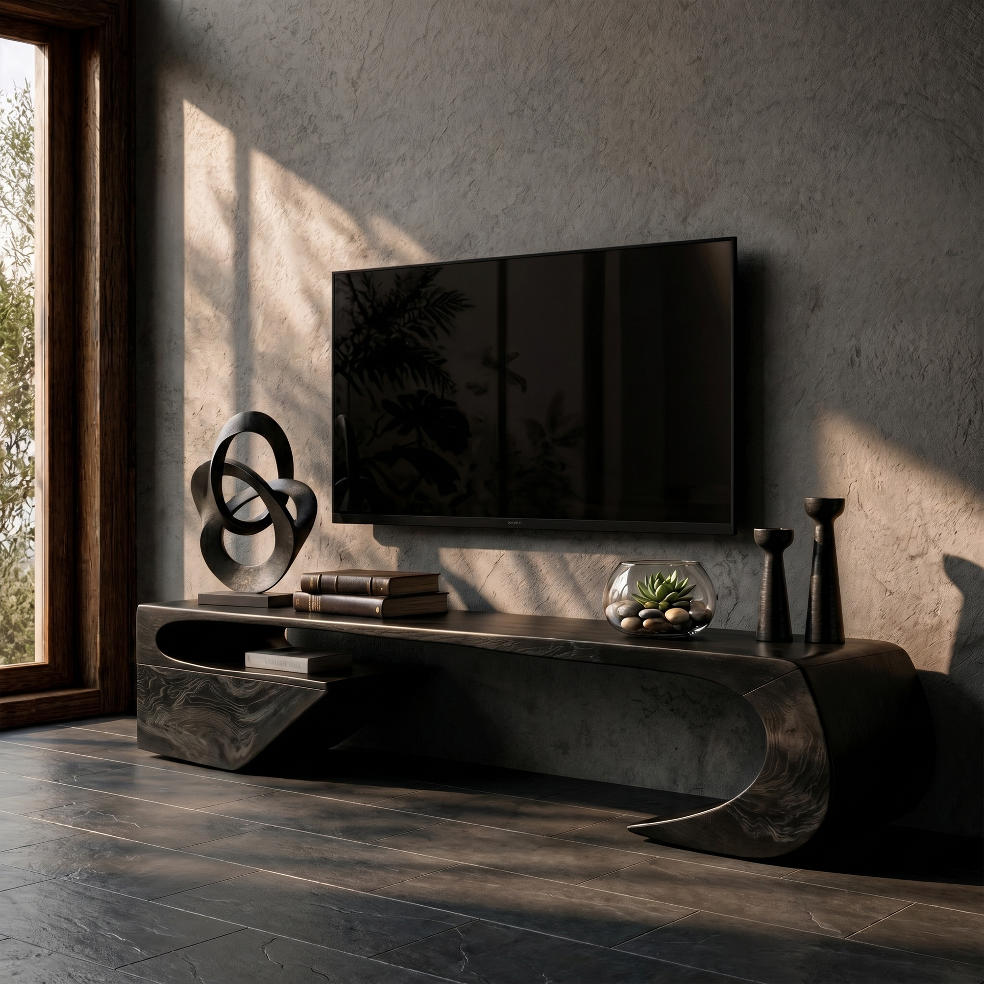 Japandi TV Cabinet With Sculptural Curved Wood Base And Solid Wood Media Console For Living Room SINLKITC035
