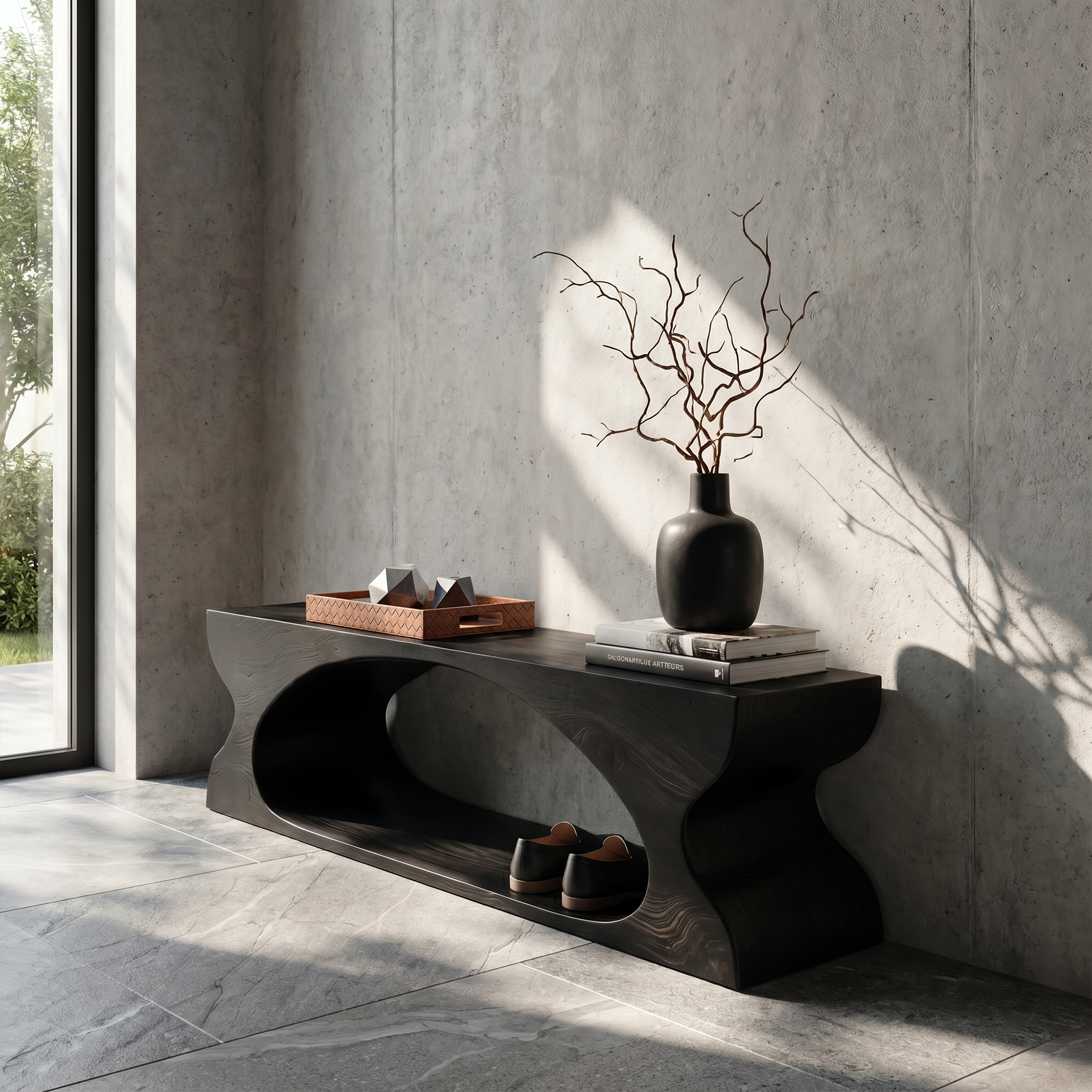 Modern Sculptural Wooden Bench With Organic Design For Entryway And Living Room SINLKIRS105