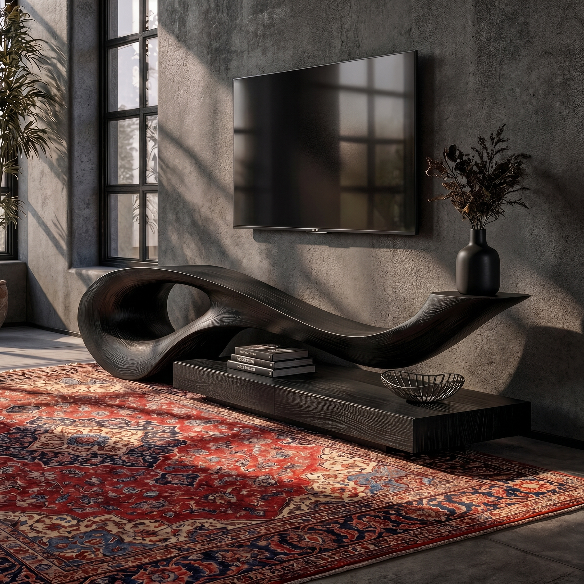 Sculptural TV Cabinet With Unique Flowing Curve Wood Base And Solid Wood Media Console For Living Room SINLKITC036