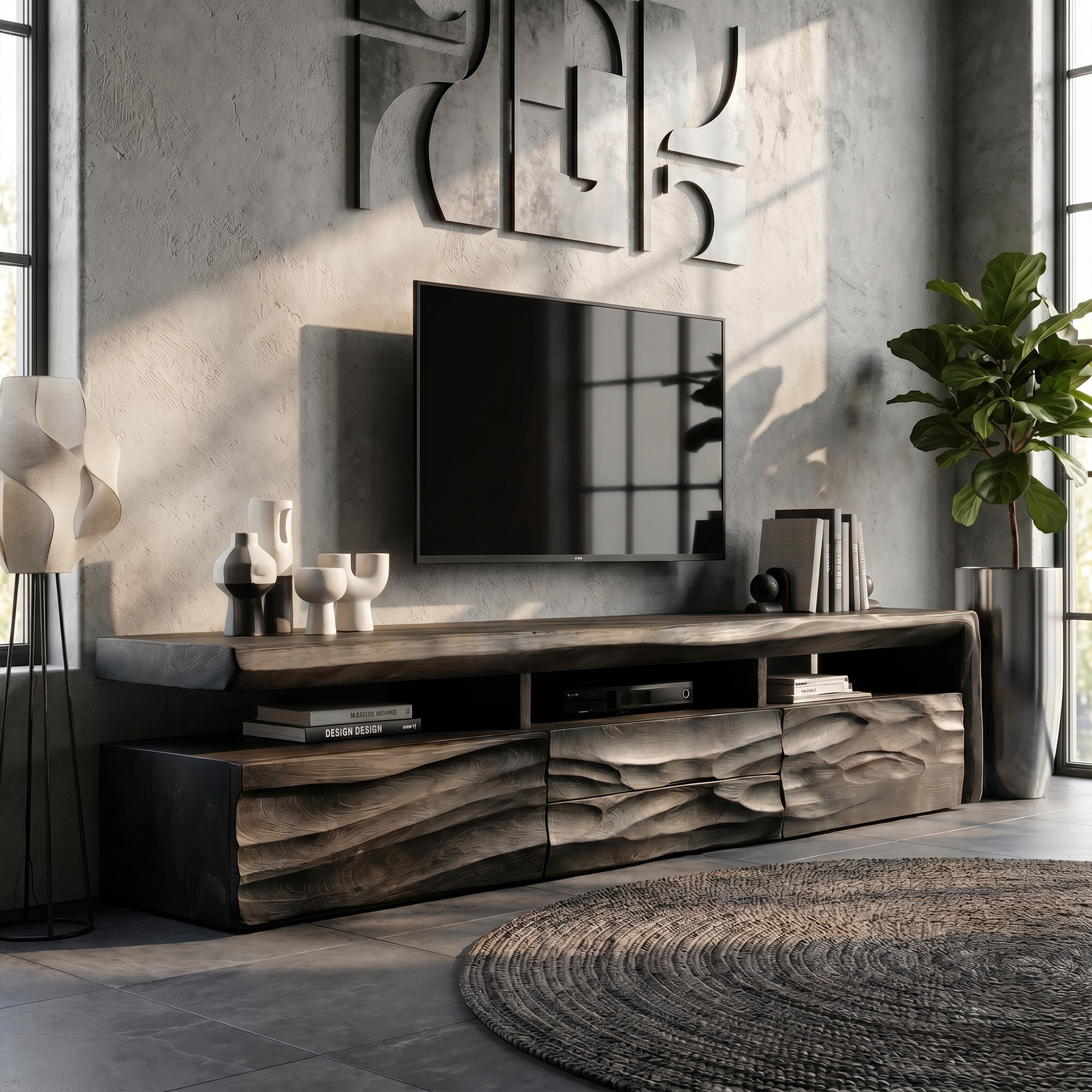 Organic TV Cabinet With Hand Carved Solid Wood Front And Open Media Storage For Living Room SINLKITC048