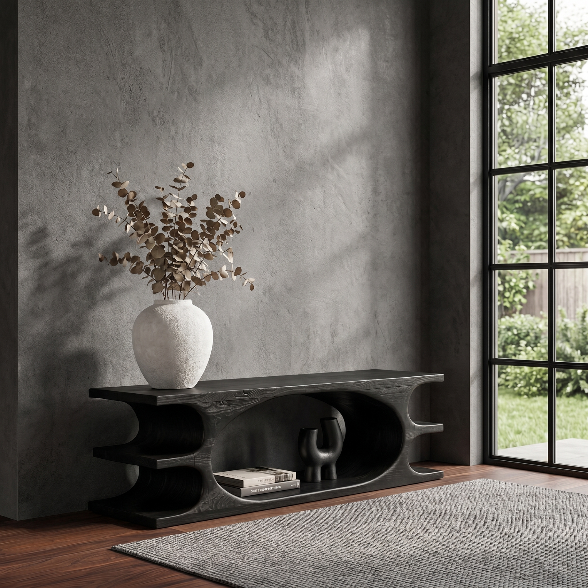 Organic Sculptural Wooden Bench With Flowing Curved Base For Living Room And Entryway SINLKIRS106