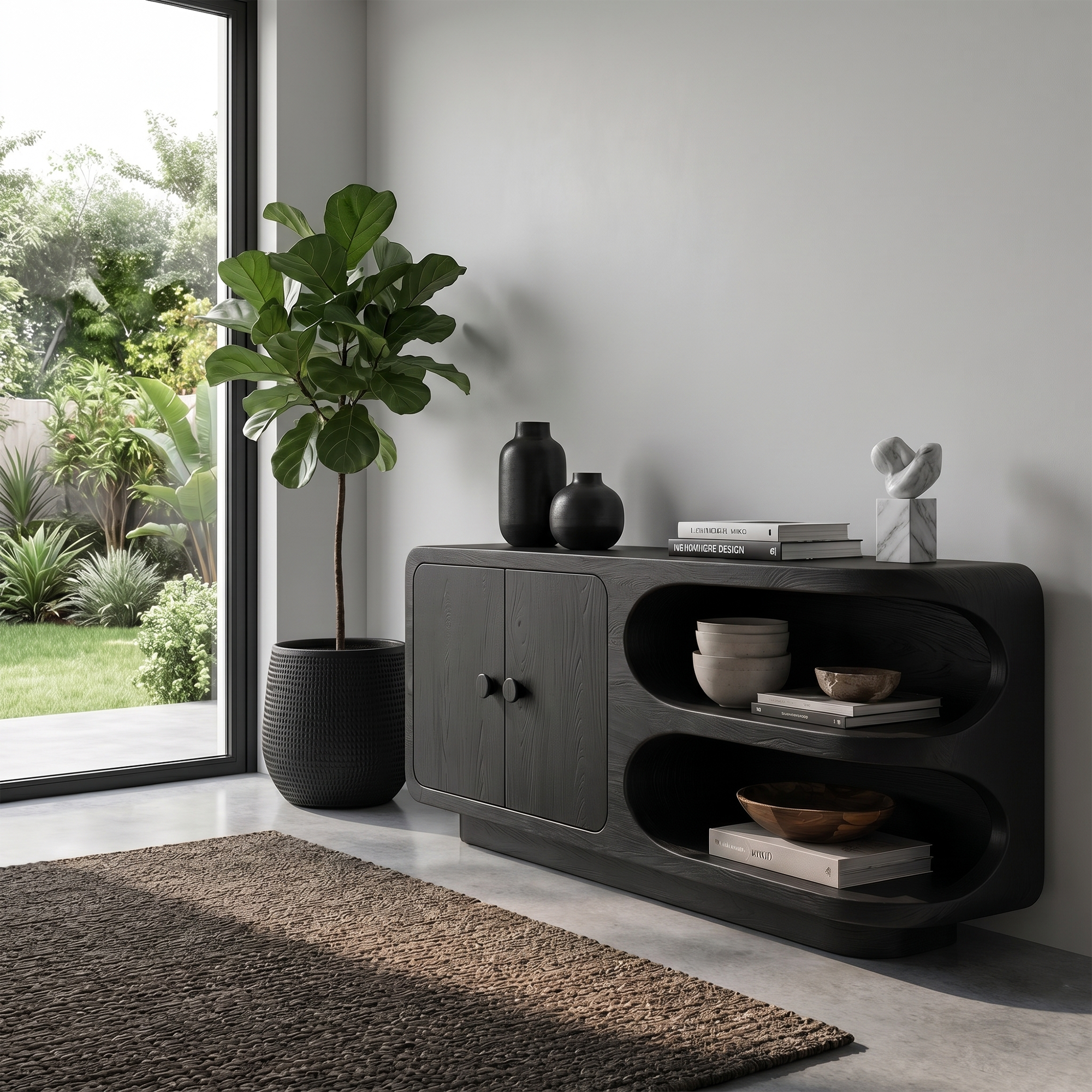 Organic Sideboard With Rounded Solid Wood Frame And Open Display Shelves For Living Room SINLKISC526