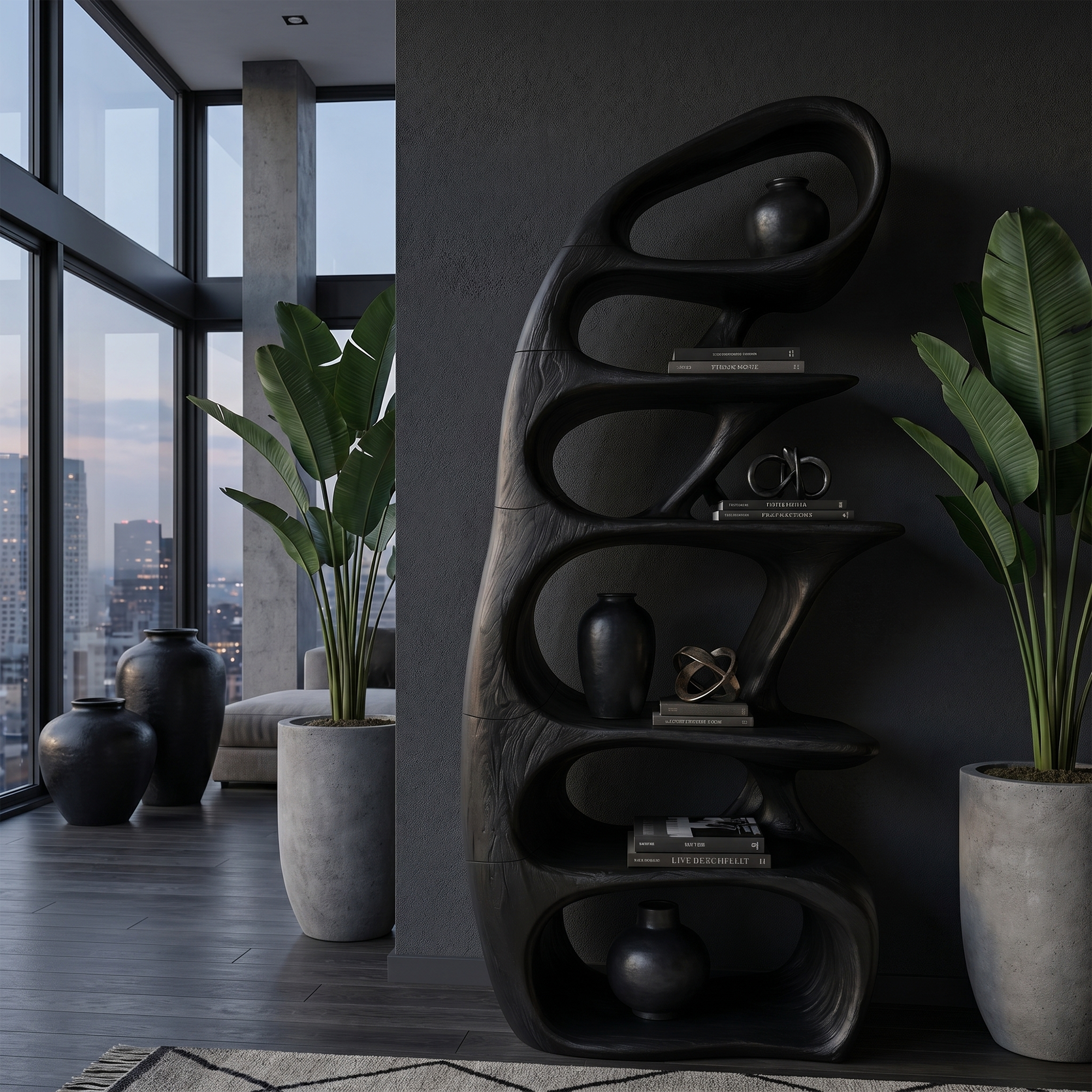 Sculptural Bookshelf With Tree Inspired Curved Shelves And Solid Wood Frame For Living Room SINLKIBS033