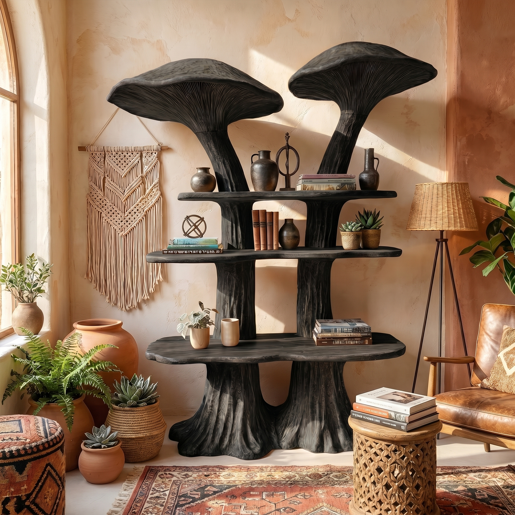 Rustic Mushroom Bookshelf With Handcrafted Solid Wood Shelves For Living Room SINLKITB741