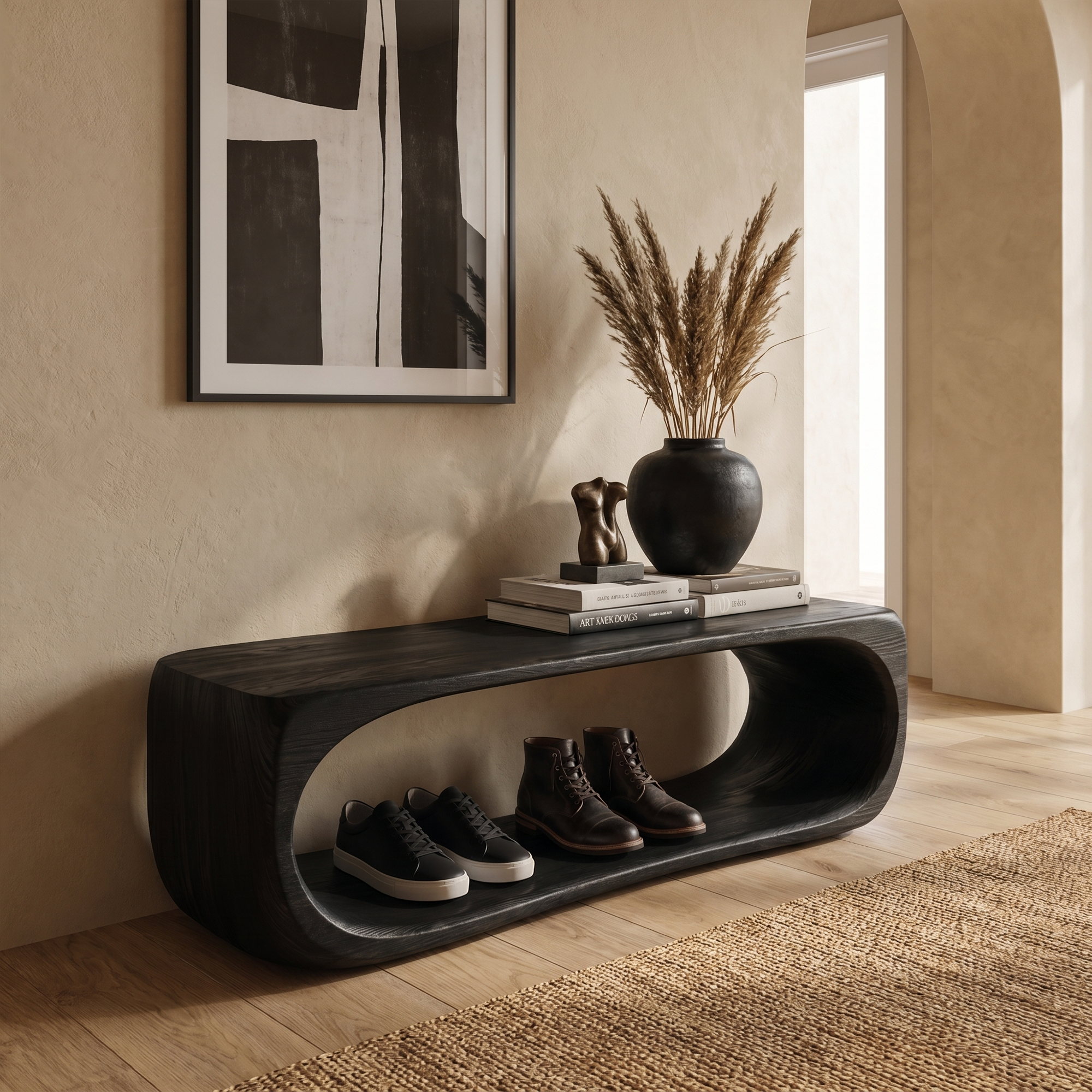 Organic Bench With Sculptural Curved Base And Open Storage Shelf For Entryway SINLKIRS114