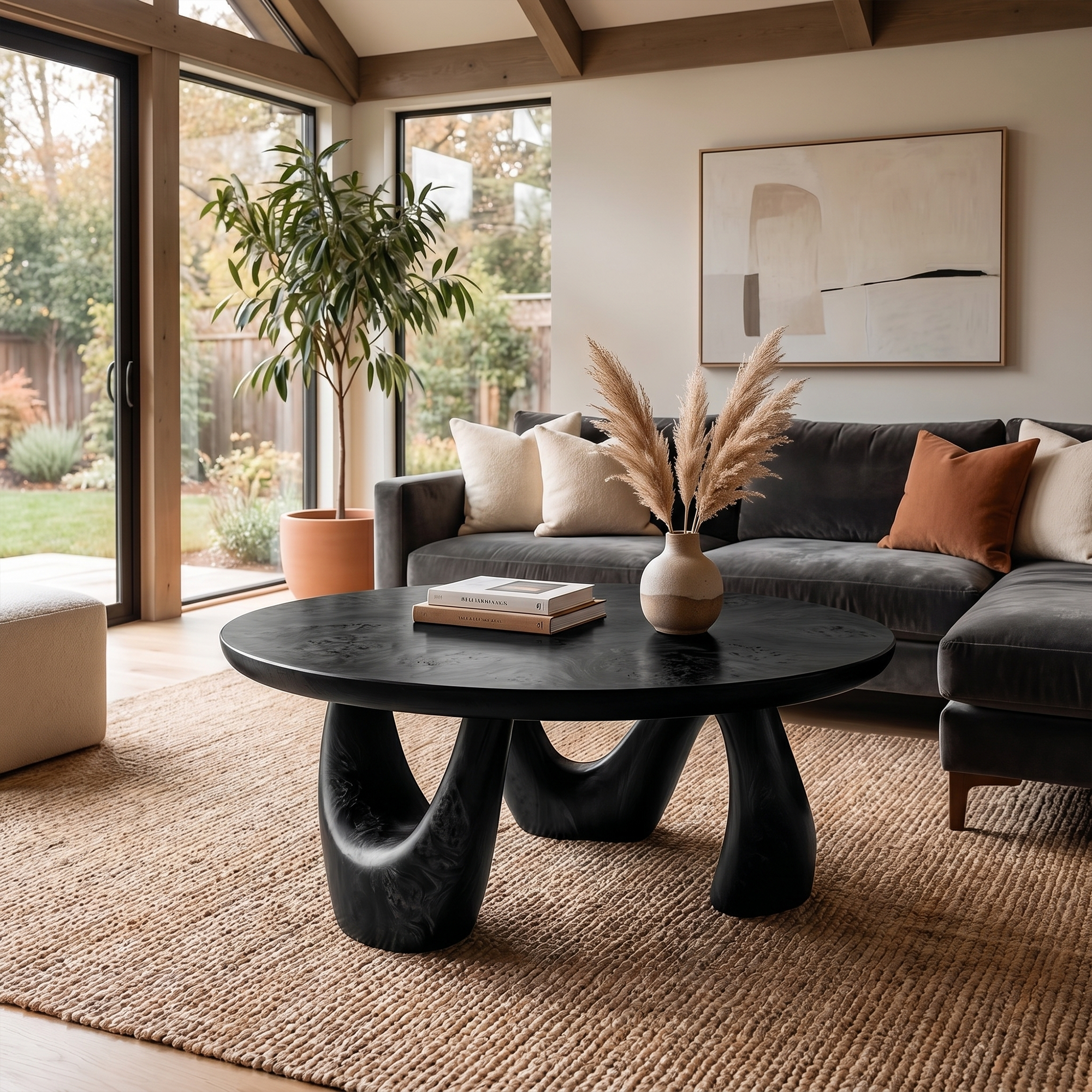Organic Coffee Table With Freeform Live Edge Top And Sculptural Loop Wood Base For Living Room SINLKICF378