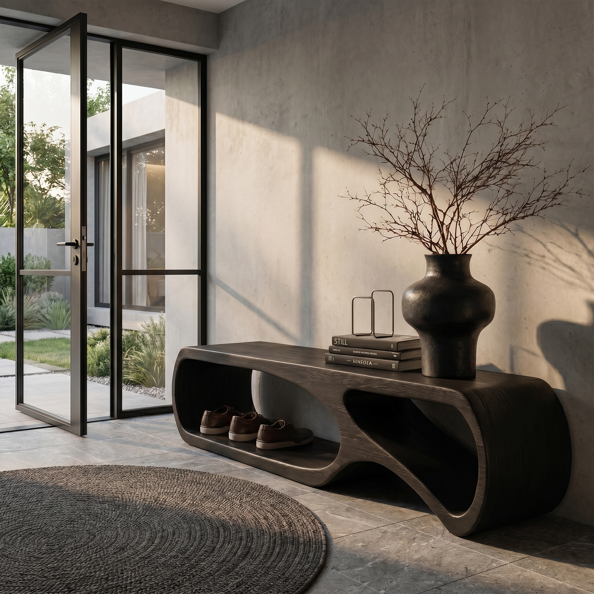 Sculptural Bench With Curved Open Storage Base For Entryway SINLKIRS115