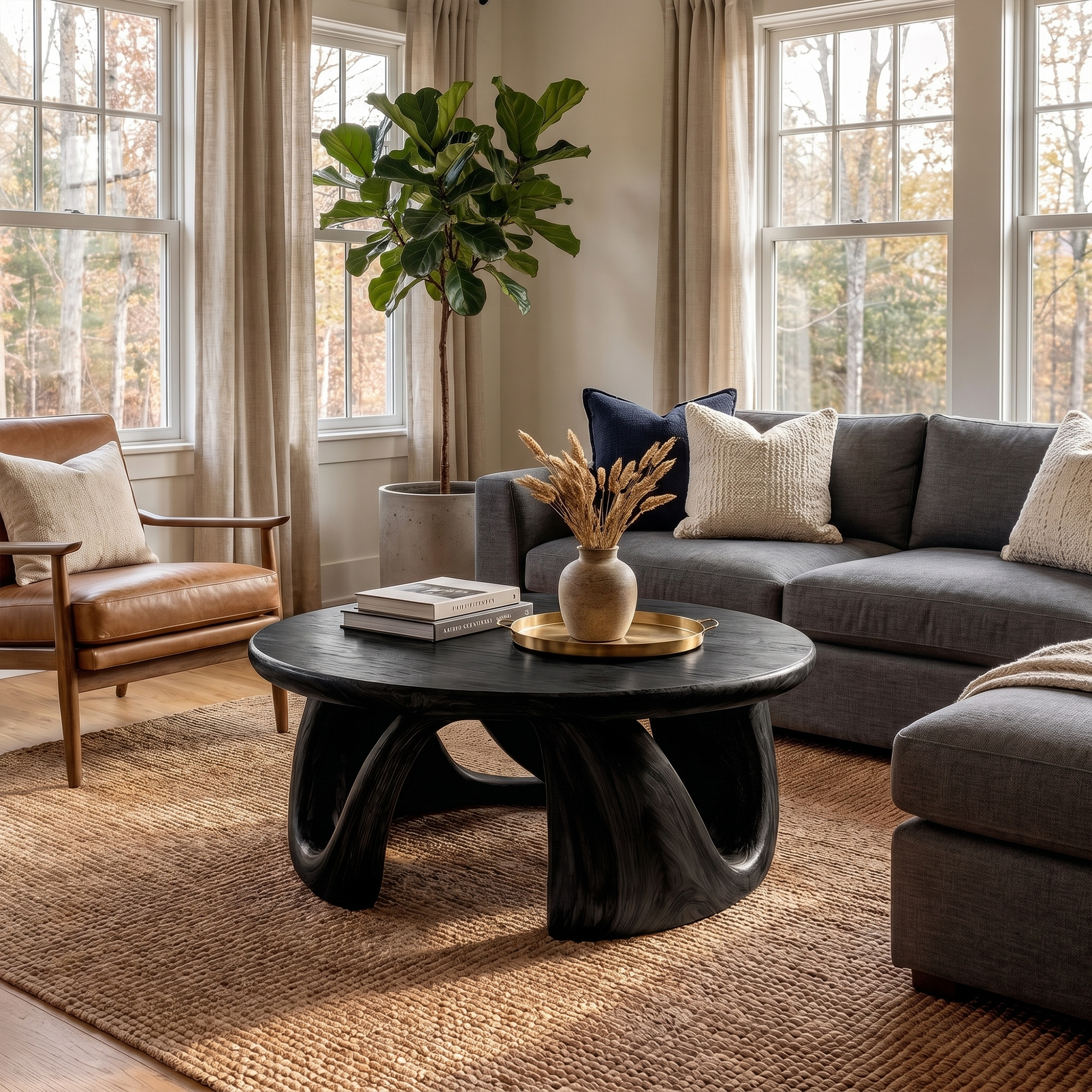 Organic Modern Coffee Table With Round Wood Top And Artistic Curved Base For Living Room SINLKICF379