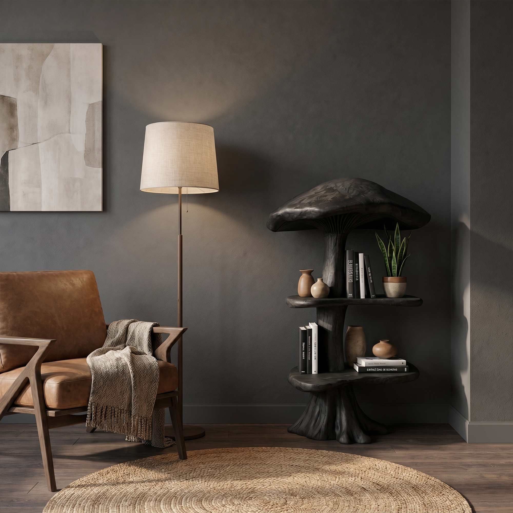 Organic Mushroom Display Bookshelf With Solid Wood Shelving For Living Room SINLKITB746