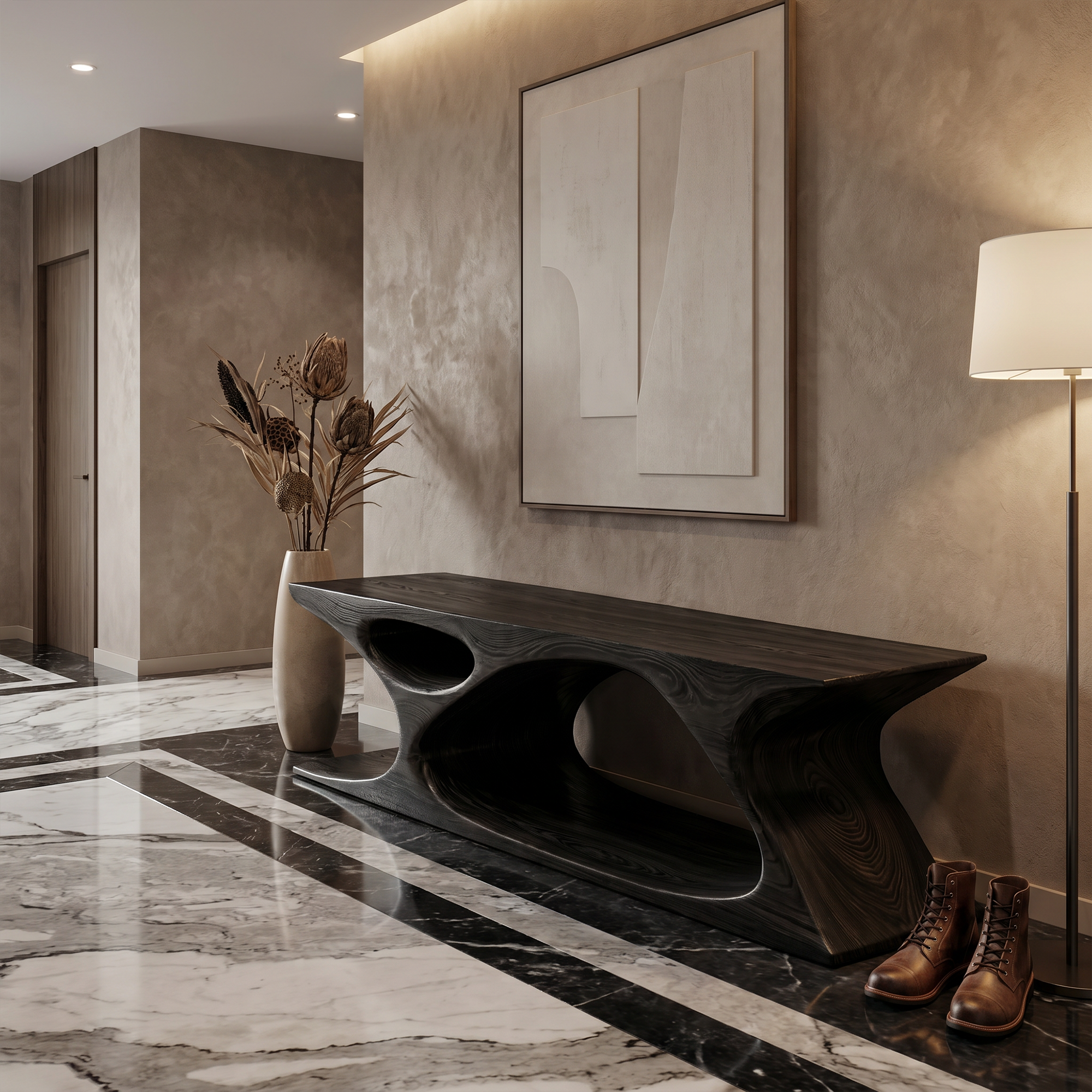 Modern Bench With Sculptural Open Base And Built In Shoe Storage For Entryway SINLKIRS117