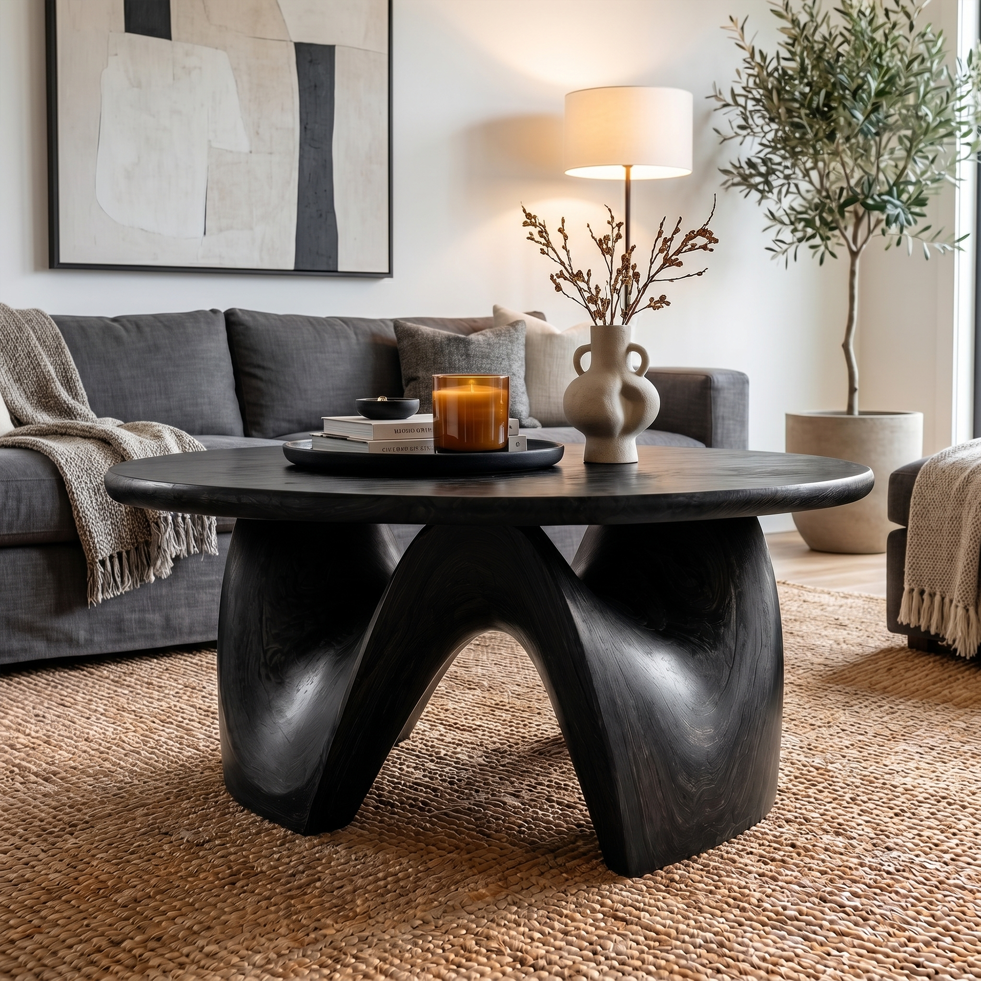 Rustic Coffee Table With Sculptural Solid Wood Base And Round Live Edge Top For Living Room SINLKICF381
