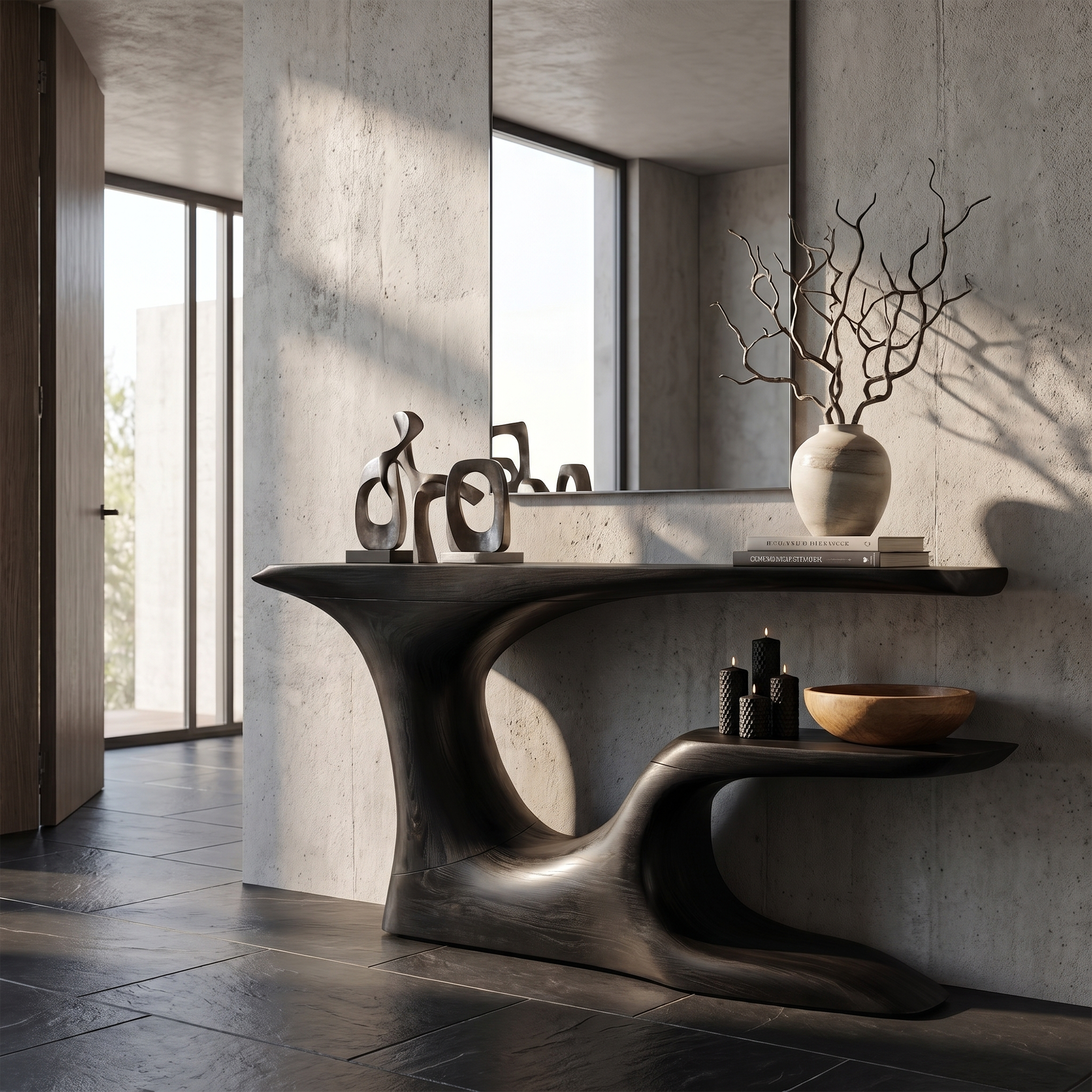 Rustic Organic Console Table With Live Edge Top And Sculptural Solid Wood Base For Entryway SINLKICS603