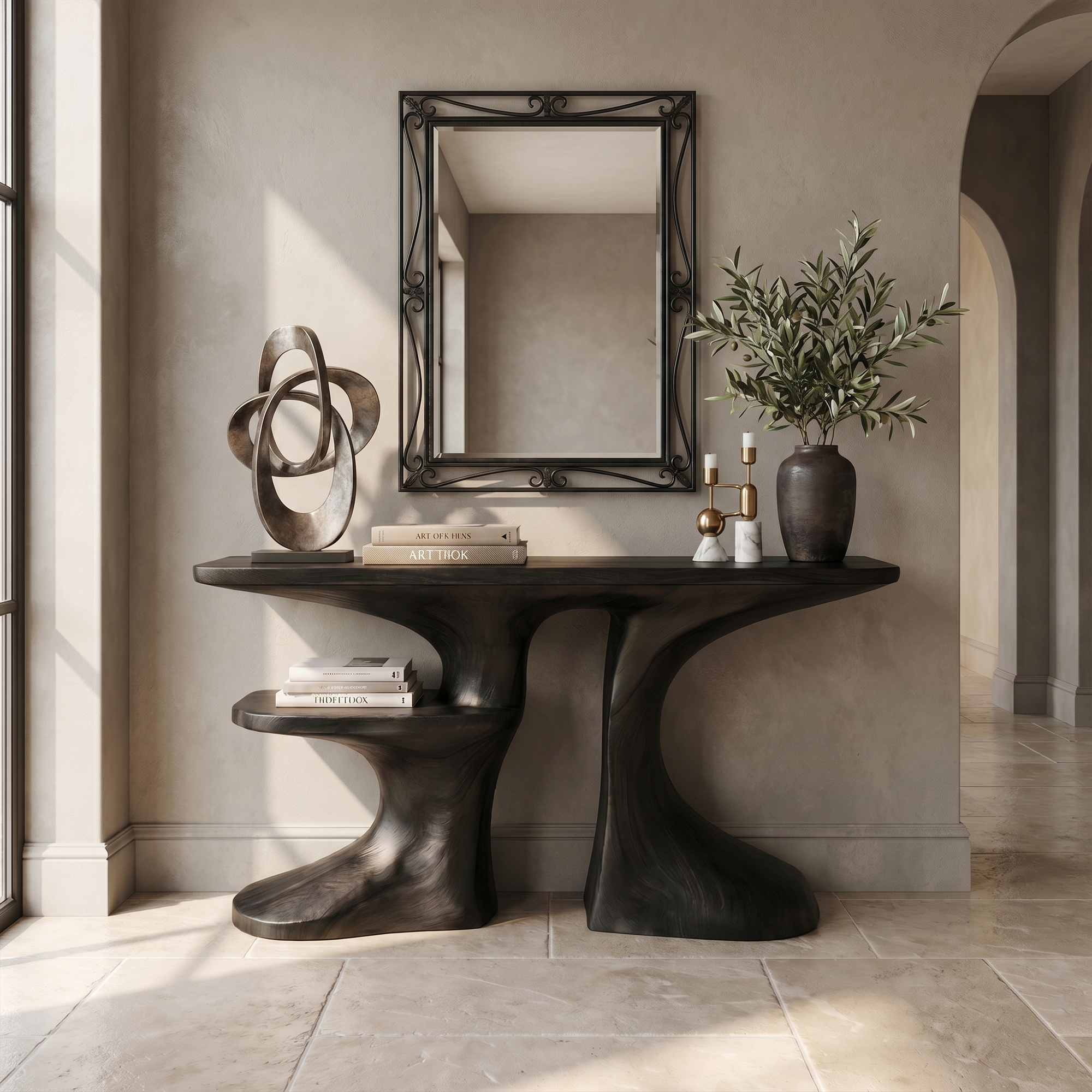 Organic Console Table With Live Edge Countertop And Sculptural Solid Wood Base For Entryway SINLKICS604