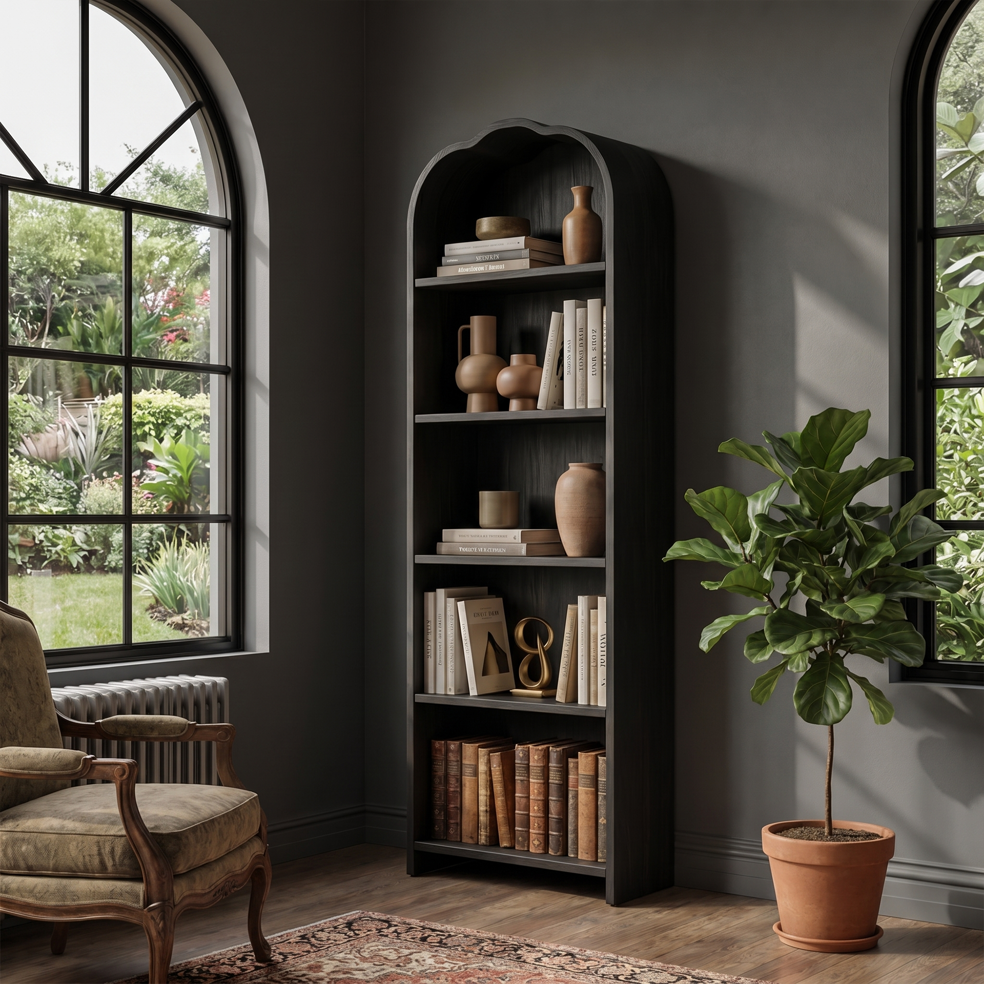 Rustic Arched Bookshelf With Solid Wood Frame And Open Display Shelves For Living Room SINLKIBS034