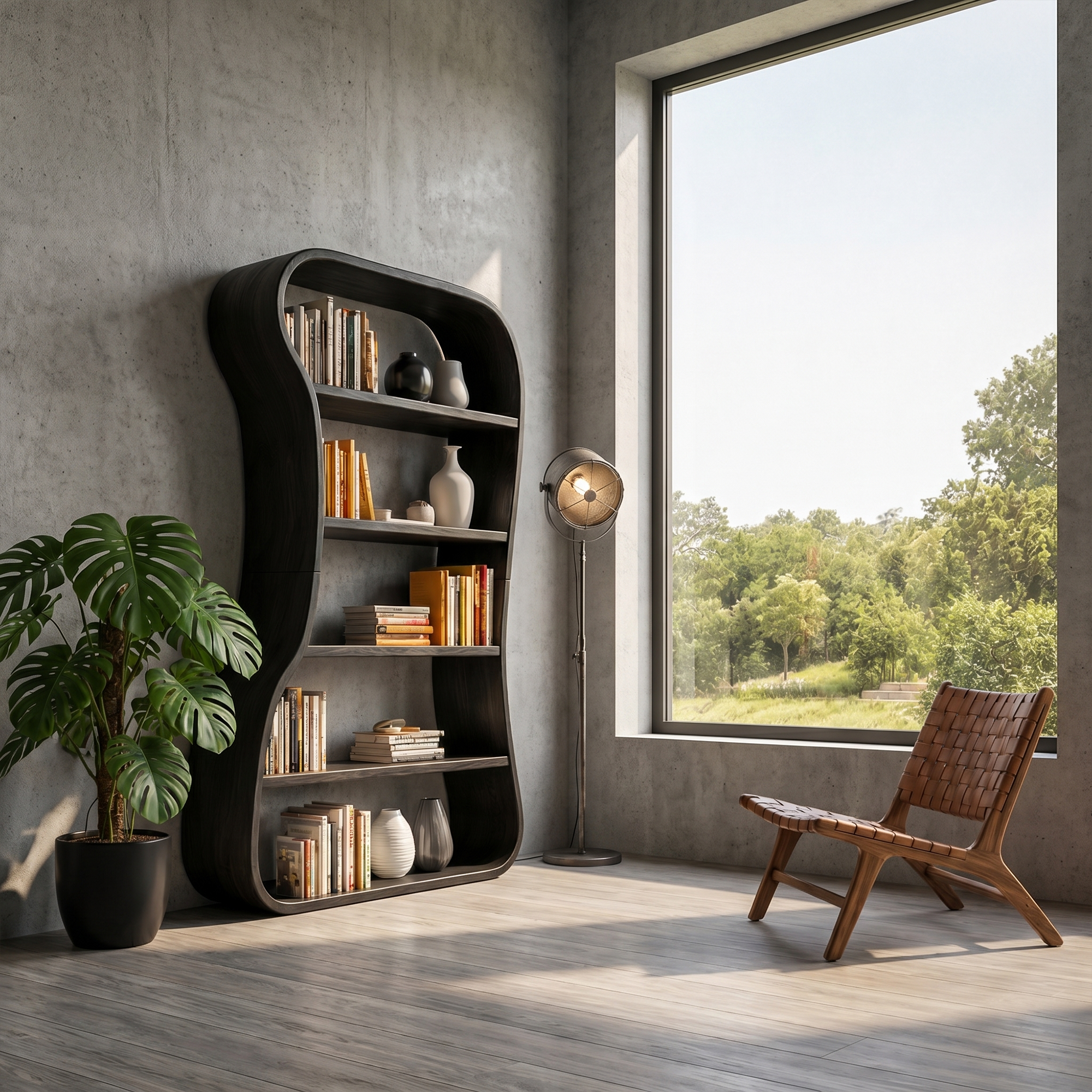 Organic Bookshelf With Sculptural Curved Solid Wood Shelves For Living Room SINLKIBS035