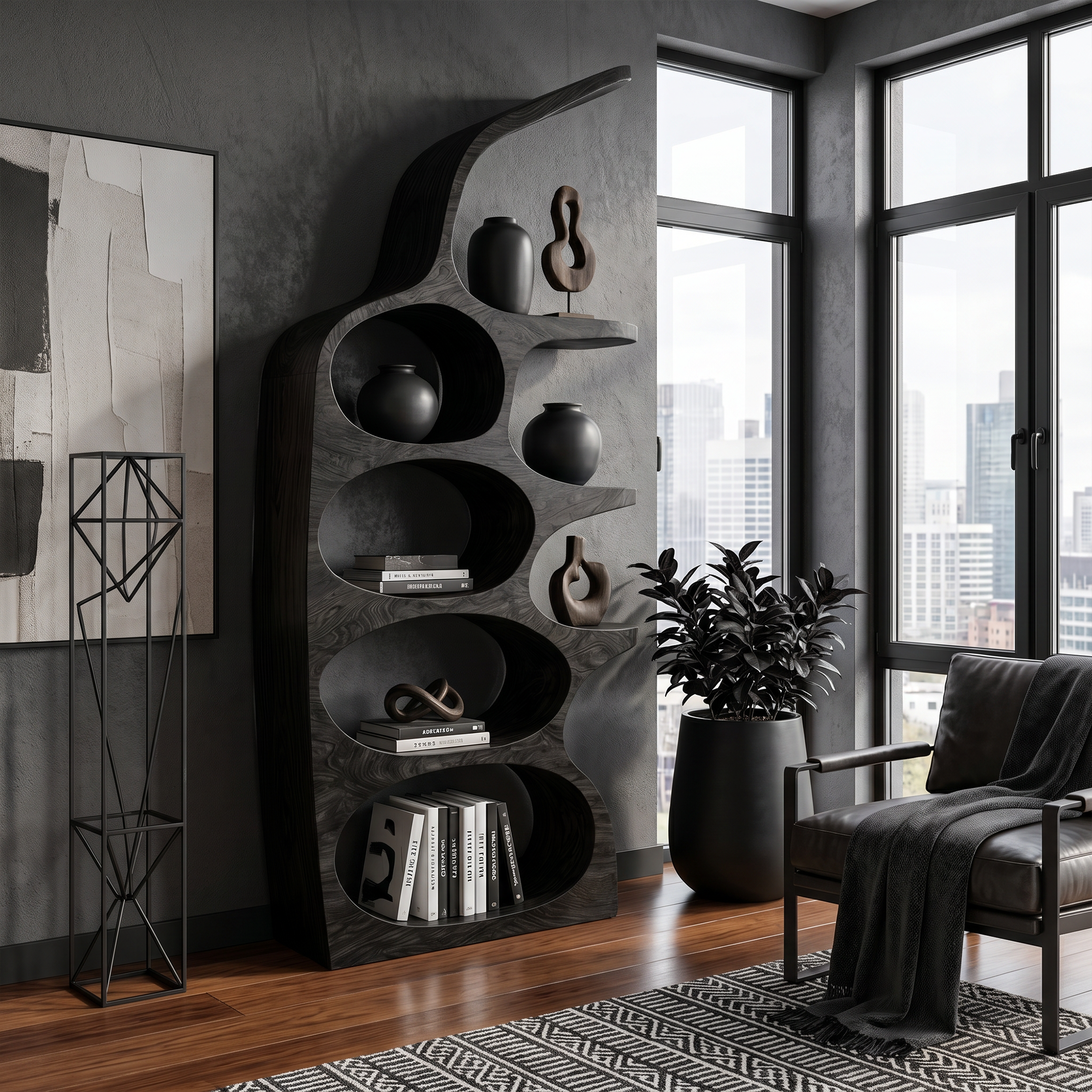 Modern Sculptural Bookshelf With Curved Open Shelves And Solid Wood Design For Living Room SINLKIBS036
