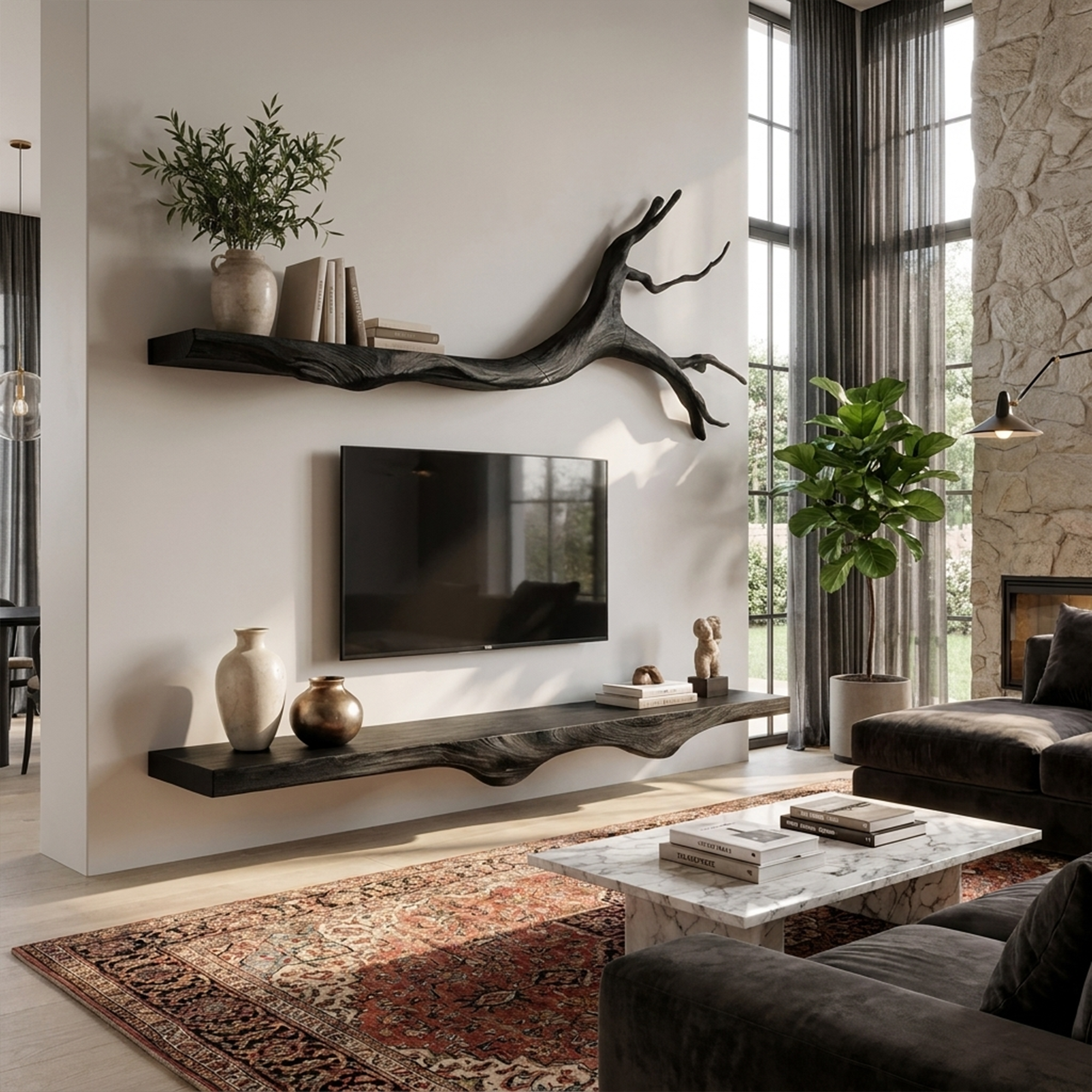 Set 2 Pieces Rustic Floating Wall TV Console Solid Wood Bedroom Living SINLKIFL189