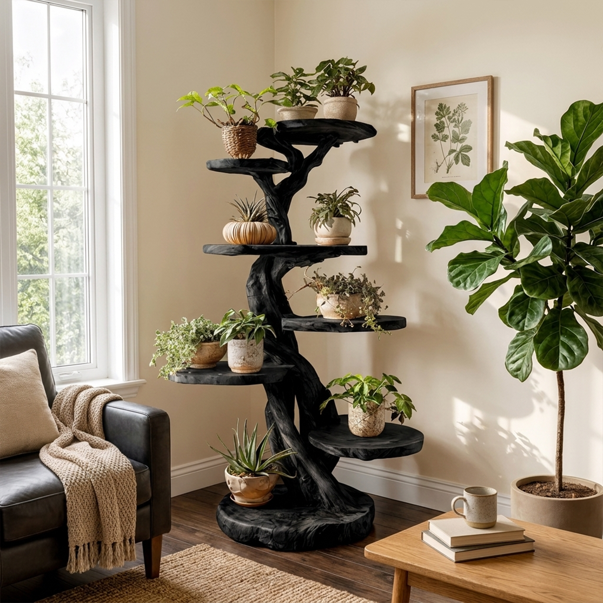 Rustic Tree Plant Shelf Natural Interior Design Home Decor SINLKITT079