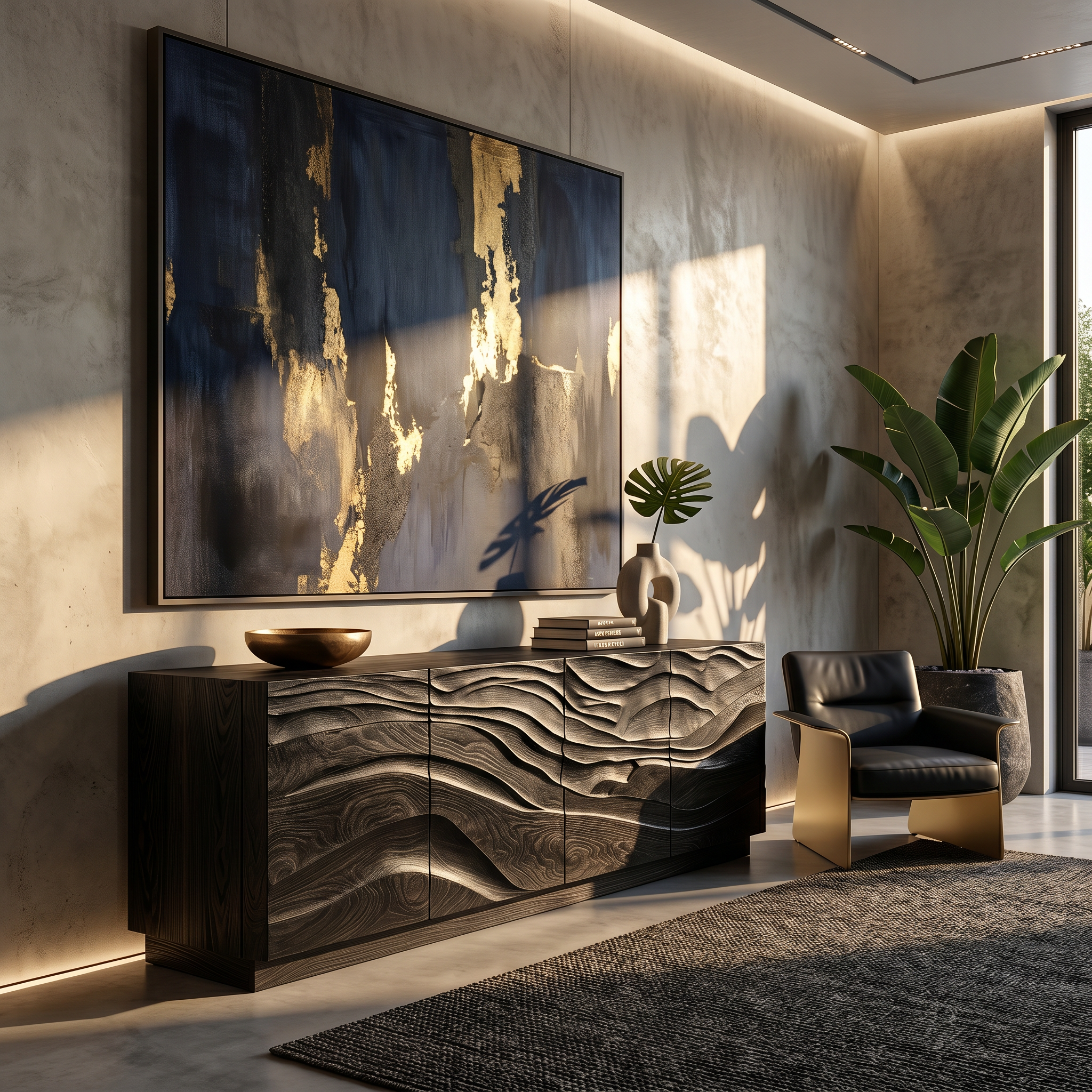 Organic Sideboard With Sculptural Wave Carved Wood Front For Living Room SINLSASC522