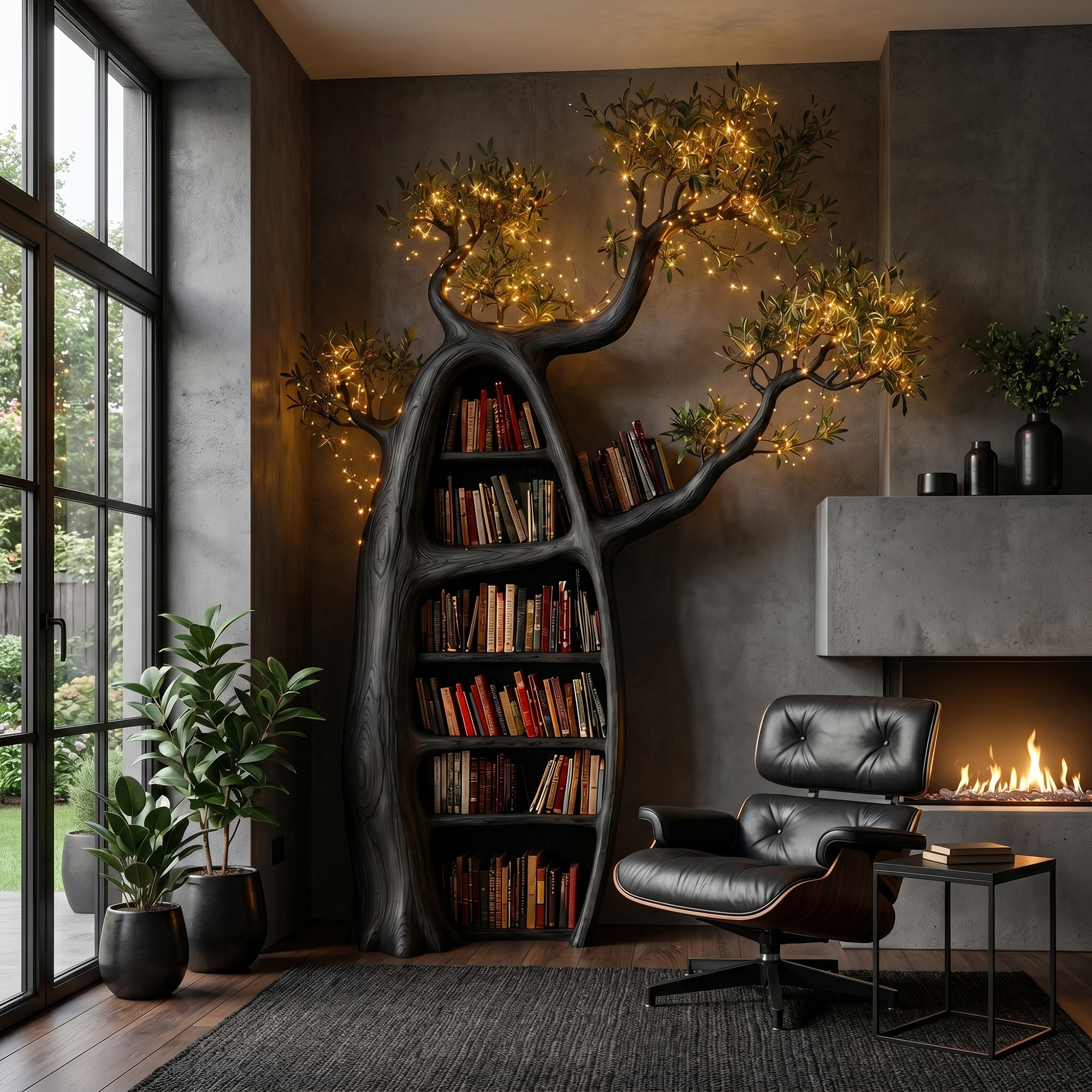 Artistic Tree Bookshelf With Illuminated Branch Crown For Living Room SINLKITB752