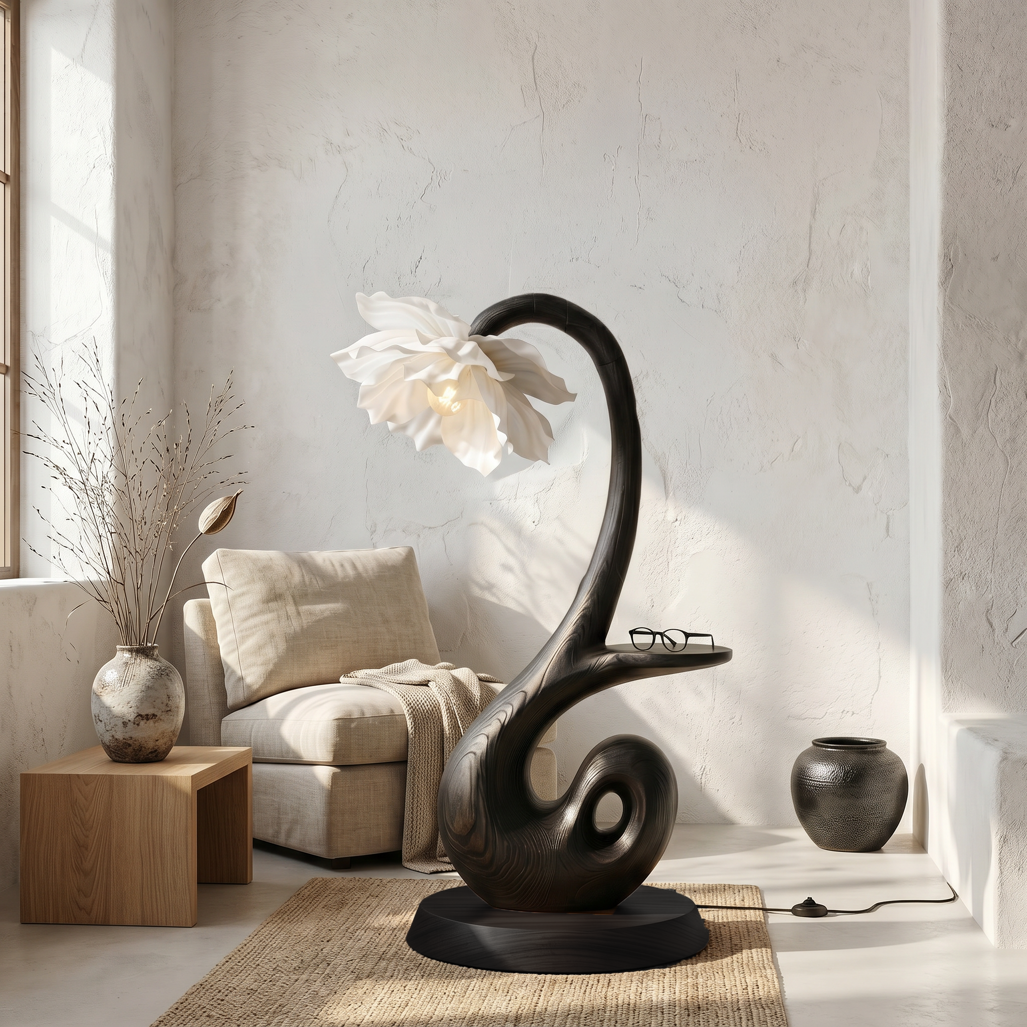 Nature Inspired Floor Lamp With Blooming Flower Shade And Display Shelf For Reading Nook SINLSAFLP126