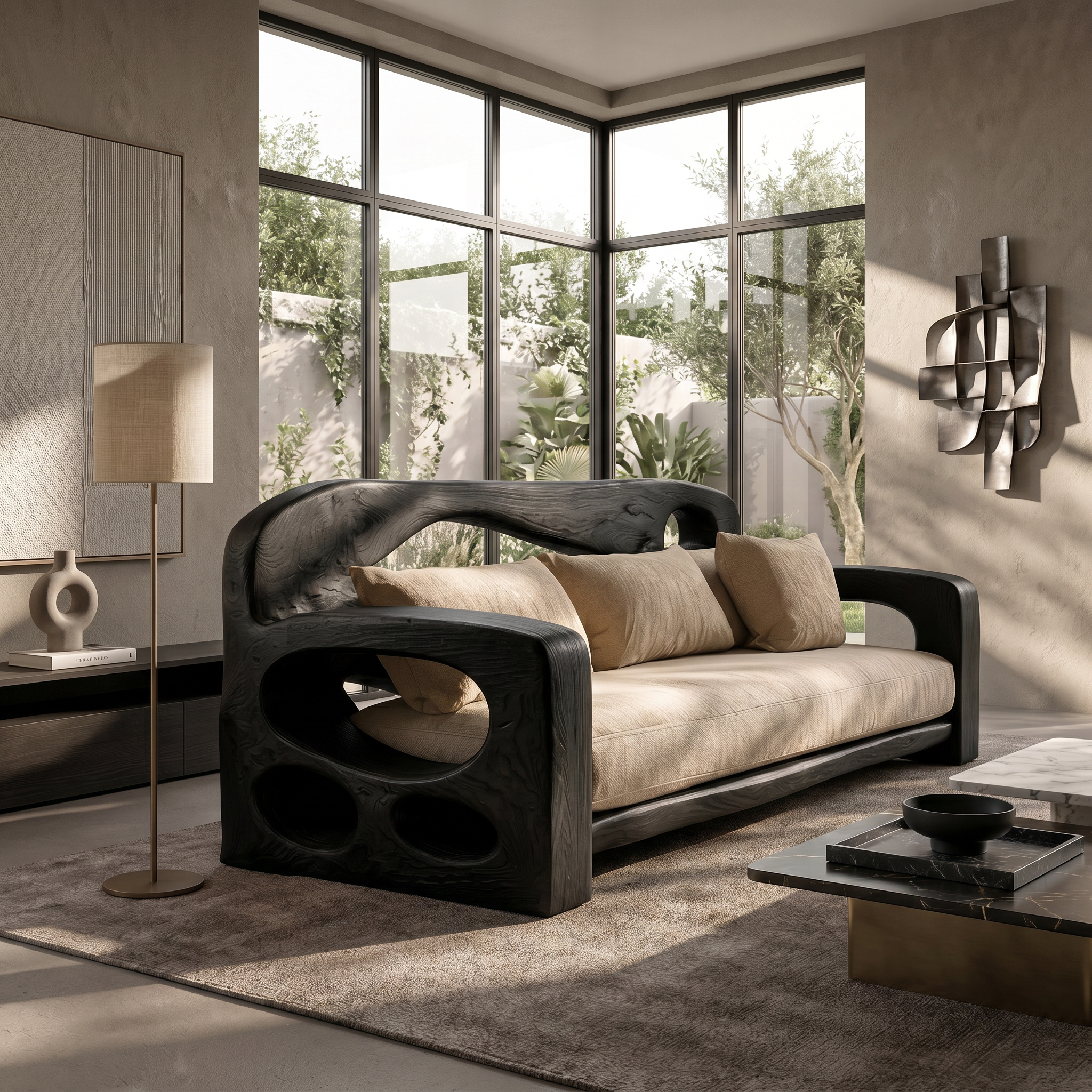 Modern Sofa Frame With Sculptural Solid Wood Armrests For Living Room SINLSASF029
