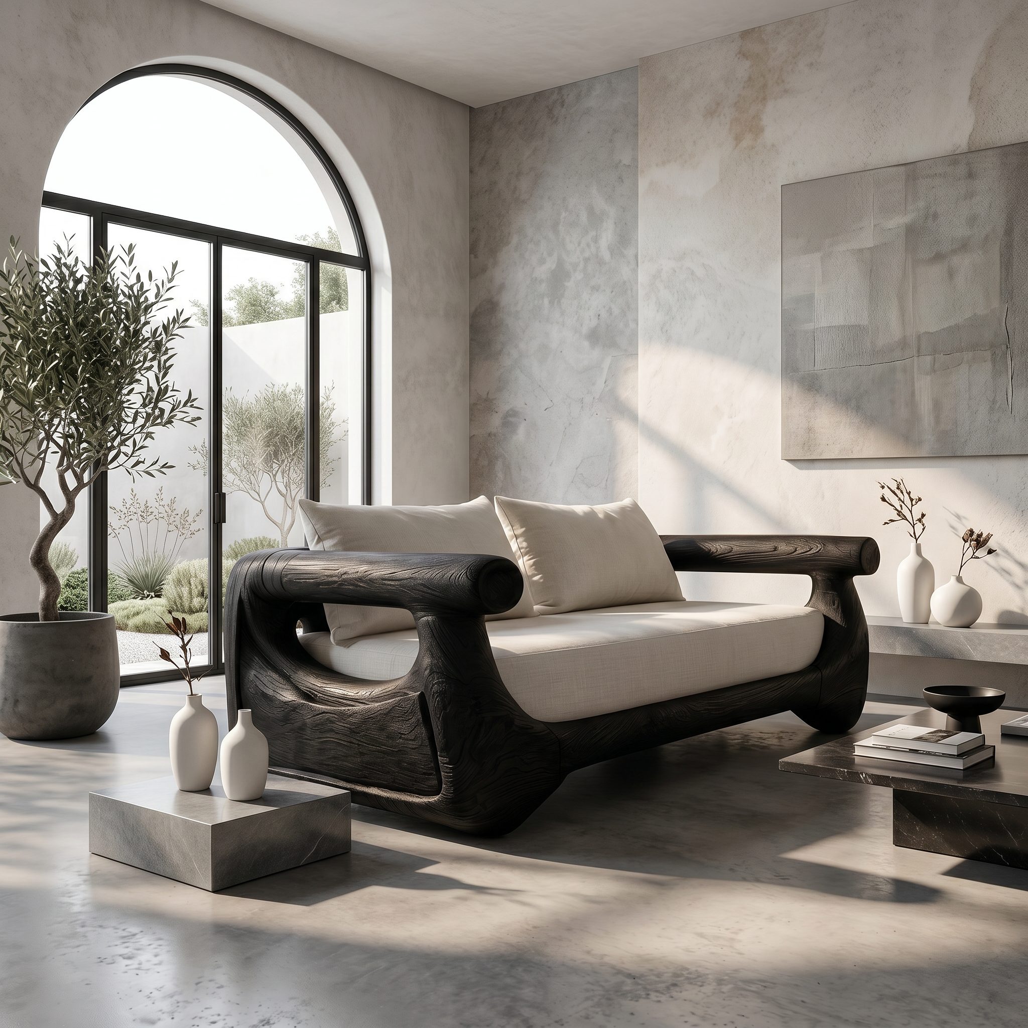 Modern Sofa With Sculptural Perforated Wood Frame For Living Room SINLSASF041