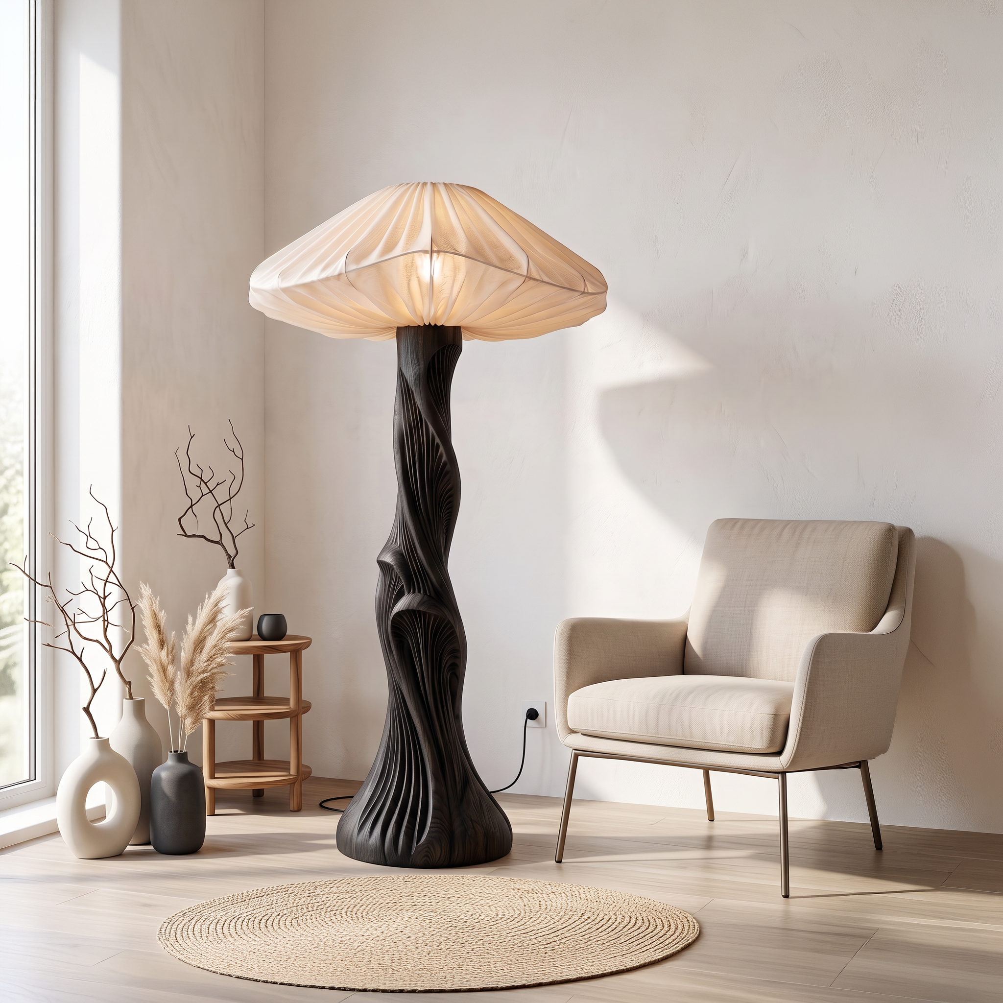 Contemporary Floor Lamp Carved Wood Mushroom Shade Pedestal Lounge SINLSAFLP134