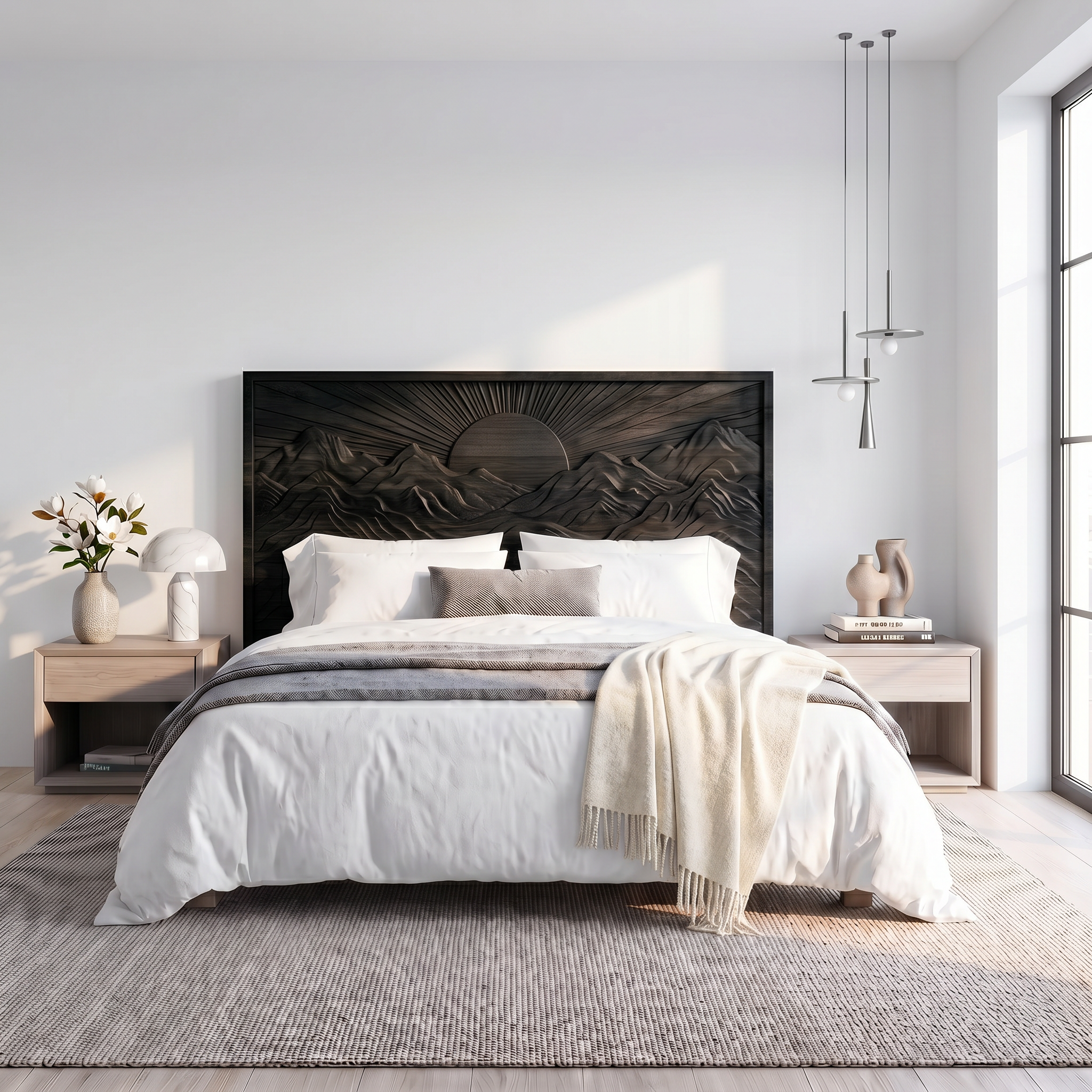 Mid Century Sunrise Headboard Wooden Bed Headboard For Bedroom SINLSAHB054