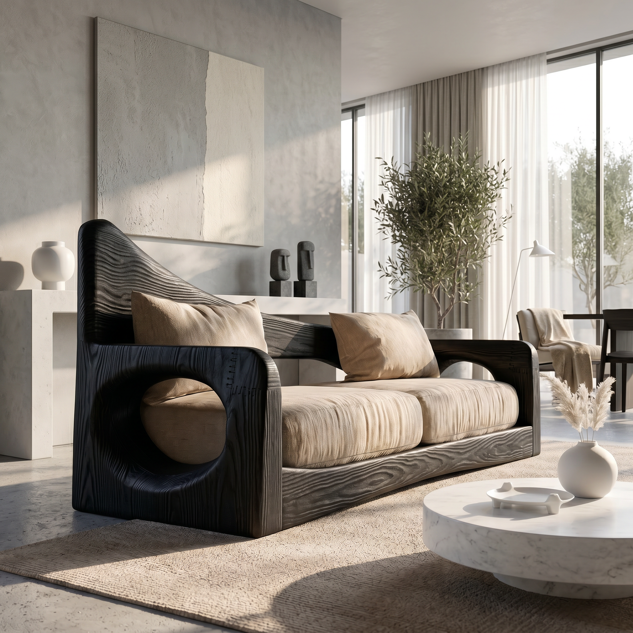 Modern Organic Sofa With Sculptural Perforated Wood Frame SINLSASF042