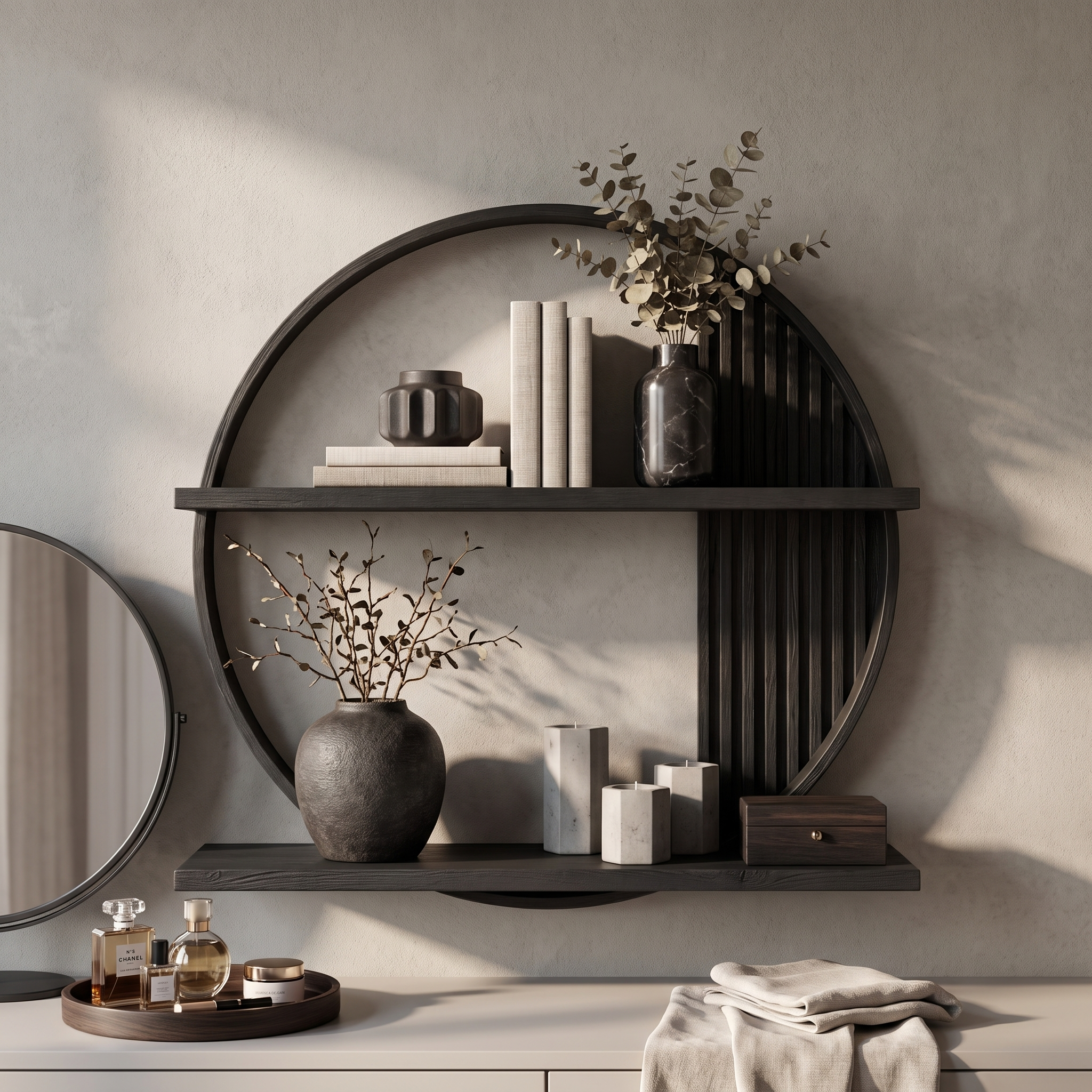 Contemporary Round Solid Wood Wall Shelf Living Room Decor SINLSAFL080