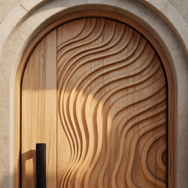 Modern Carved Arched Front Door With Wave Pattern For Contemporary Home Or Entryway SITHTTDOR022