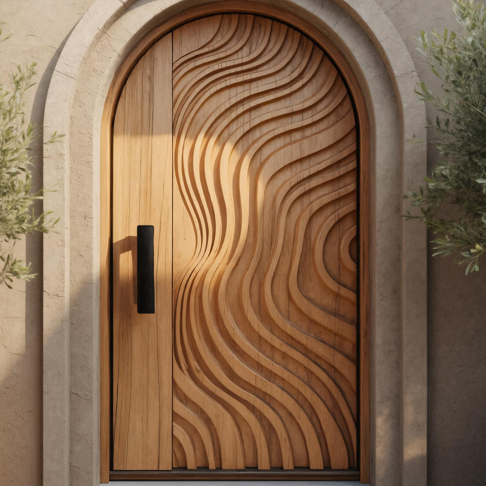 Modern Carved Arched Front Door With Wave Pattern For Contemporary Home Or Entryway SITHTTDOR022