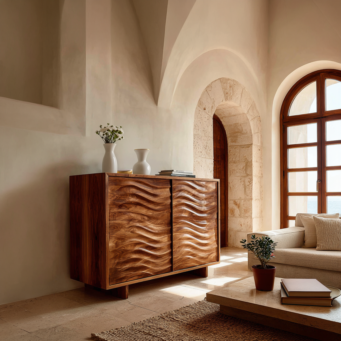 Modern Wooden Sideboard With Flowing Wave Doors For Living RTTHTTSD057